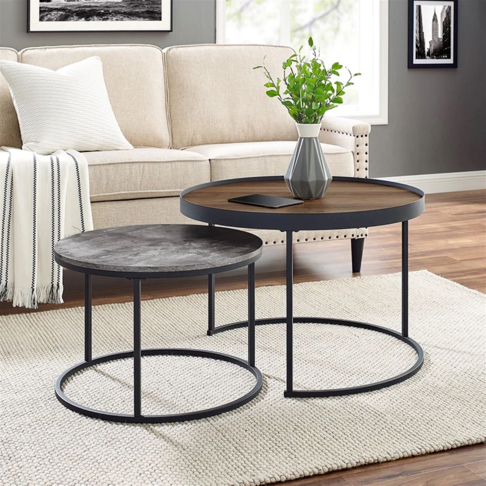 Modern Nested Coffee Table Set - Walnut & Cement Design by Urban Style for Living Room, Lounge, or Office Decor