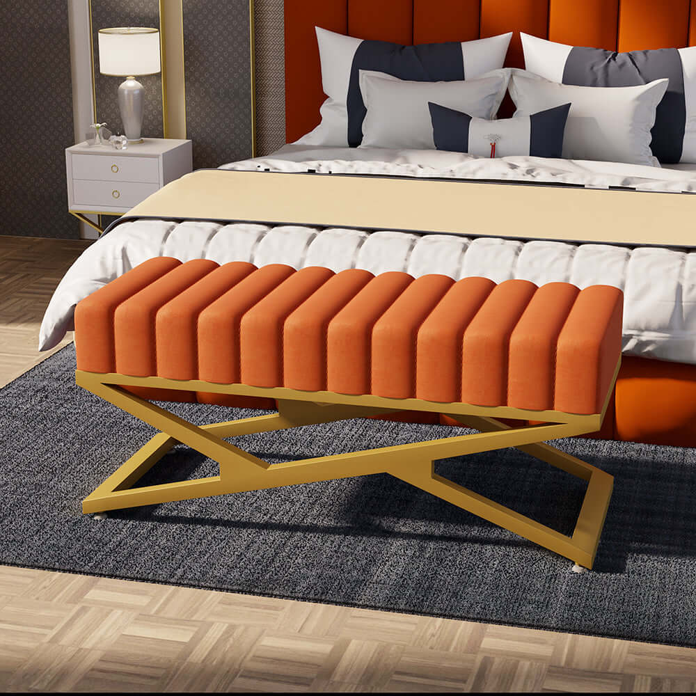 Modern Velvet Upholstered Bedroom Bench with Gold X Base - Orange Storage Ottoman for Bedroom, Living Room & Entryway - Perfect for Seating, Decor & Extra Storage