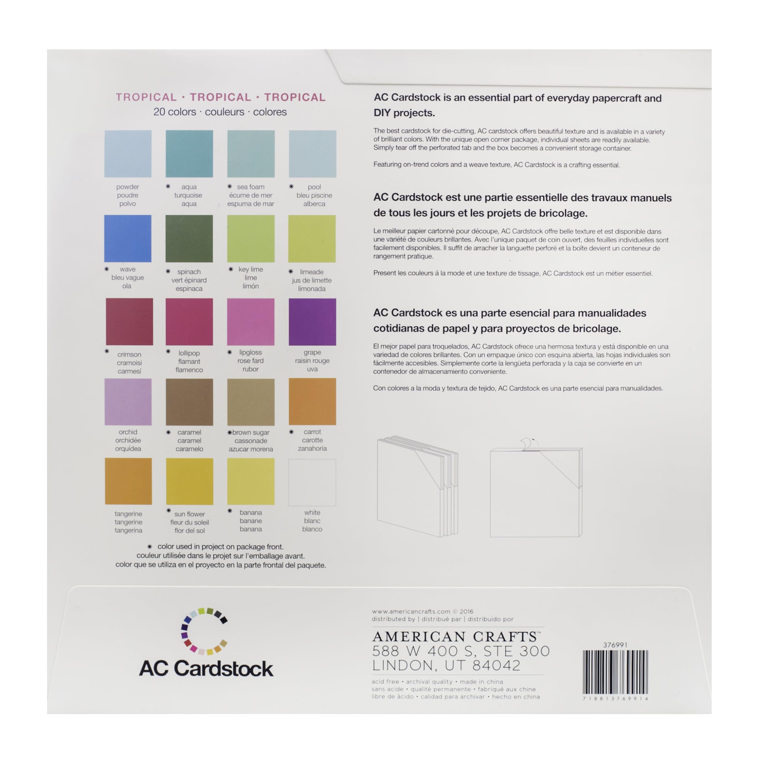 American Crafts 12x12 Card Stock Paper Pack - 60 Sheets, 20 Vibrant Colors (3 Sheets Each) | Premium Tropical-Themed Arts & Crafts Supplies for Scrapbooking, Card Making, Invitations & DIY Projects | Printer-Friendly Colored Cardstock for Creative Celebrations