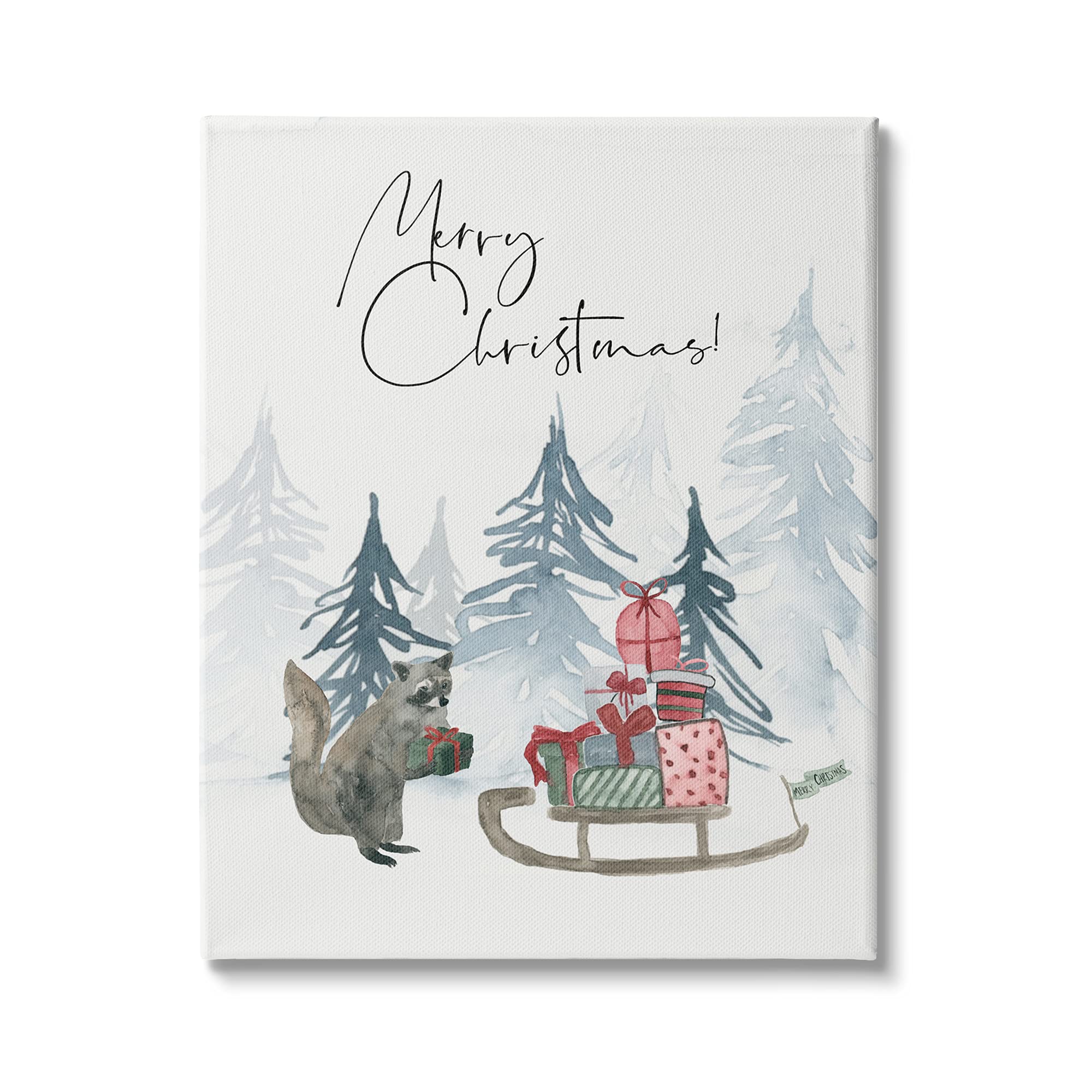 Stupell Industries Merry Christmas Canvas Wall Art - Adorable Raccoon Forest Present Sleigh Design by Lucille Price, 30