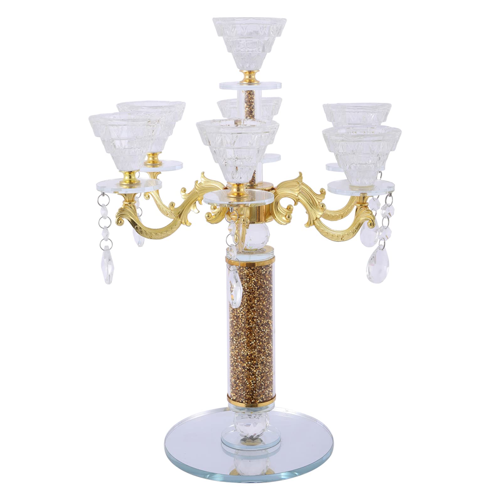 Rubyurphy Gold Candle Holder with Pendants - 7 Tea Light Stand, Elegant Candlestick & Flower Vase Centerpiece for Wedding, Christmas, Dining Table Decor - Perfect for Romantic Dinners, Holiday Parties & Home Decoration (Candles Not Included)