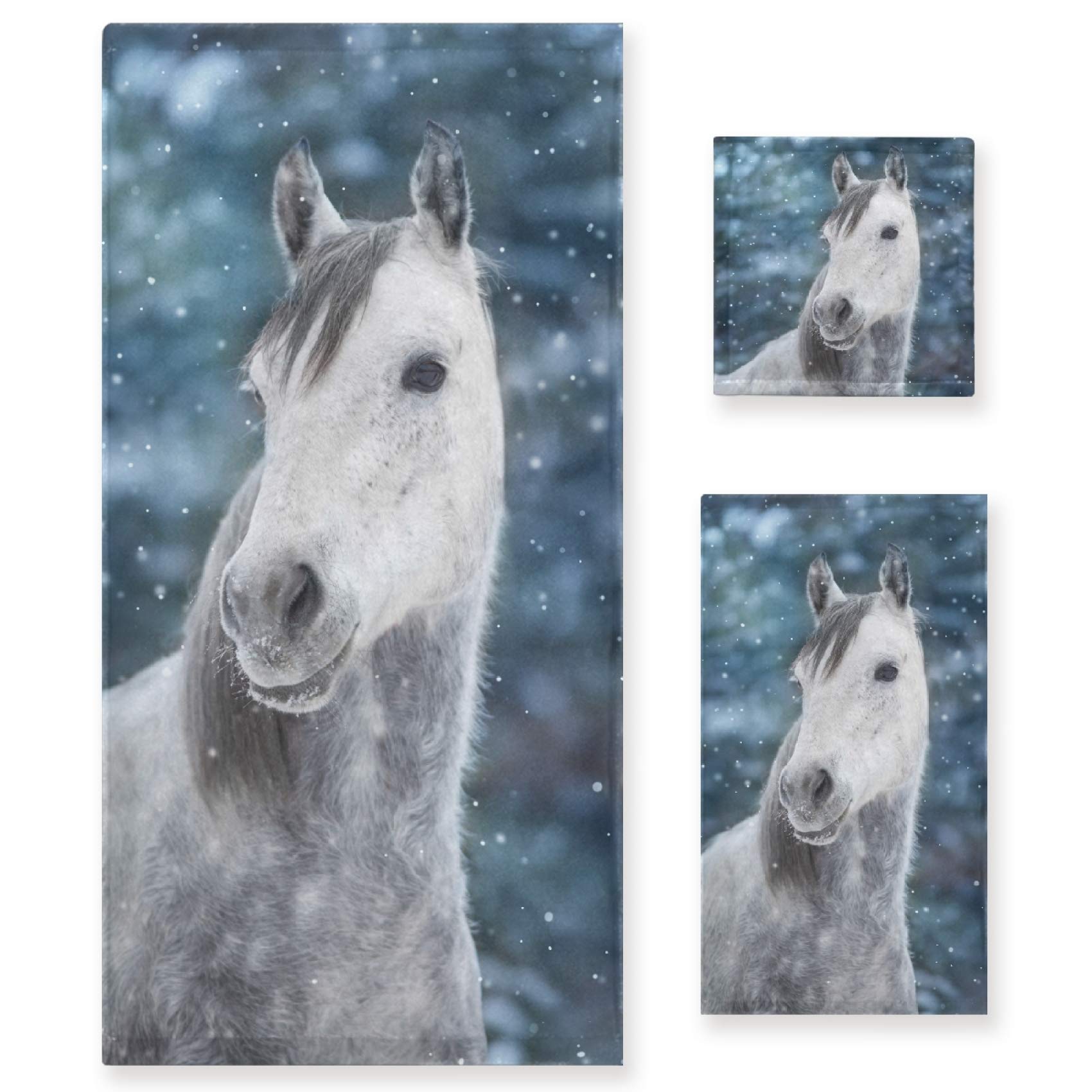 Premium White Arabian Horse in Snow Bath Towel Set - 3-Piece Soft, Highly Absorbent Towels (1 Bath, 1 Hand, 1 Washcloth) for Bathroom, Kitchen, Beach, Gym & Spa - Luxury Home Decor & Gift Idea