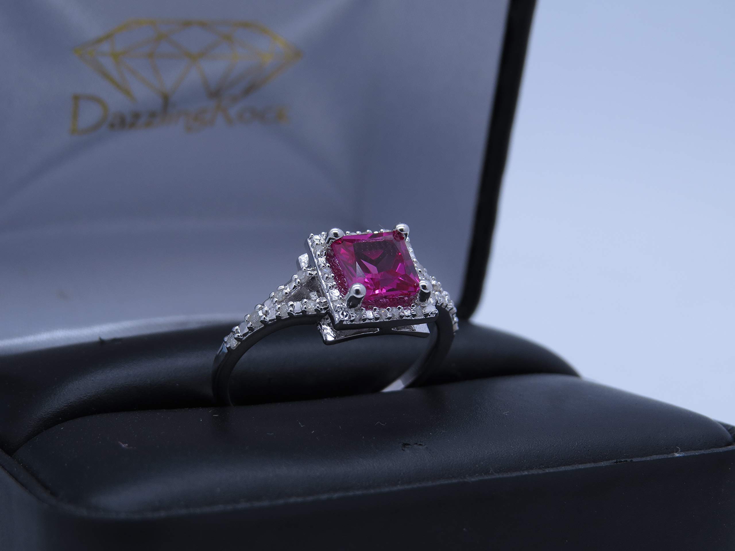 Dazzlingrock 6mm Princess Cut Lab-Created Gemstone & Round White Diamond Engagement Ring for Women - Sterling Silver - Perfect for Proposals, Anniversaries & Special Occasions