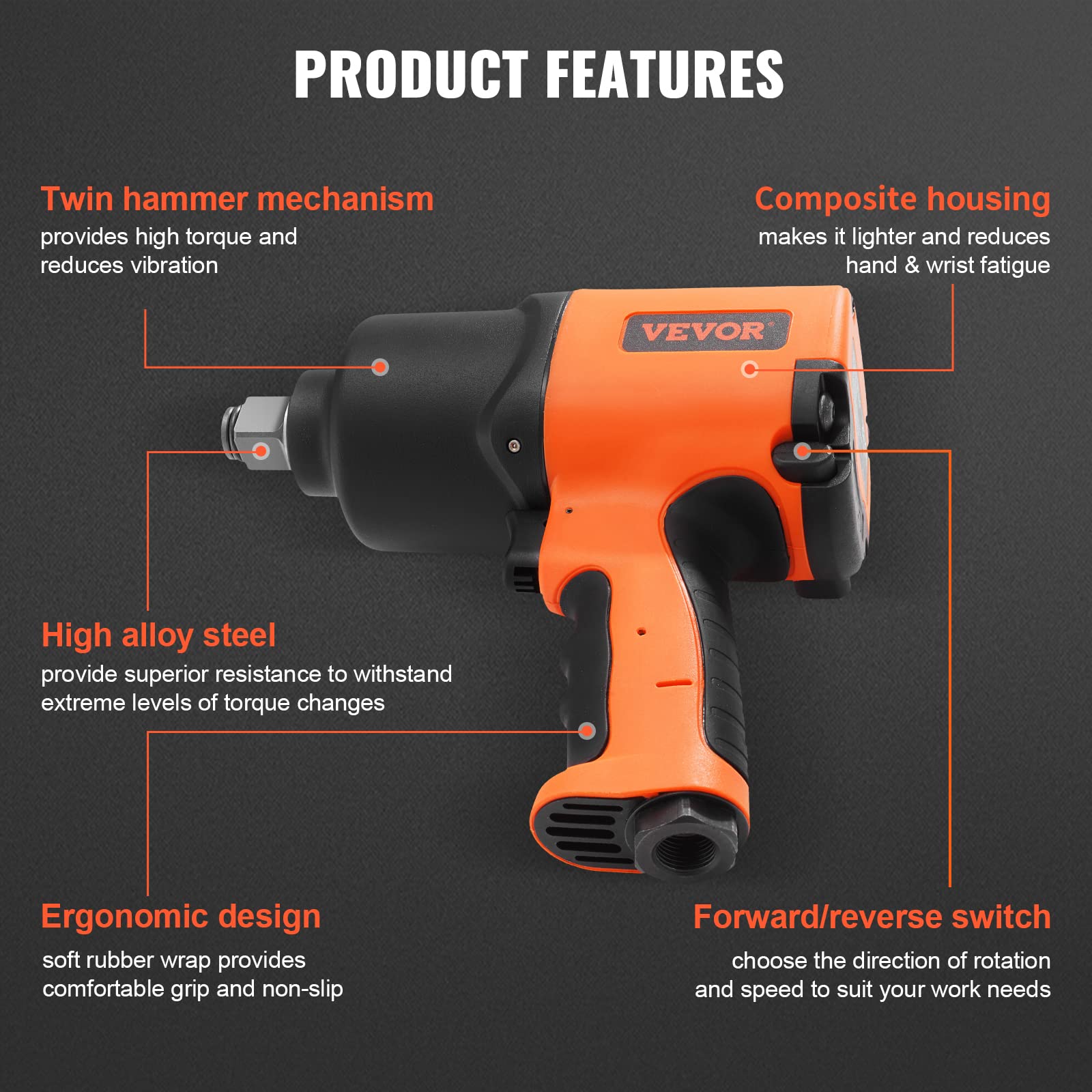 VEVOR 3/4-Inch Drive Air Impact Wrench - 1870ft-lbs Nut-Busting Torque, Heavy Duty Composite Pneumatic Impact Gun for Auto Repair, Tire Changes & Industrial Maintenance (Perfect for Mechanics & DIY Car Enthusiasts)