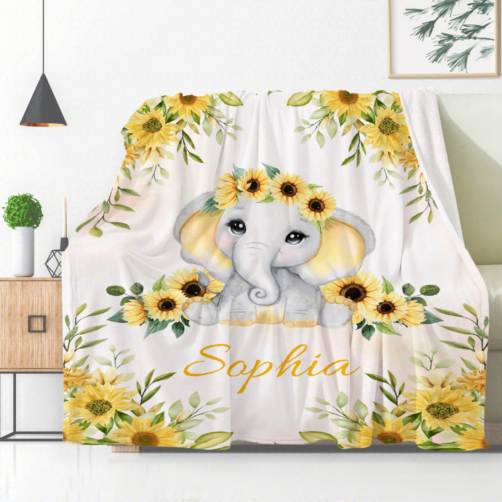 Personalized Baby Blanket with Name - Custom Sunflower Elephant Fleece Throw for Boys & Girls - Soft Cozy Plush Quilt for Nursery, Crib & Family Gifts - Perfect for Baby Showers, Birthdays & Newborn Photos