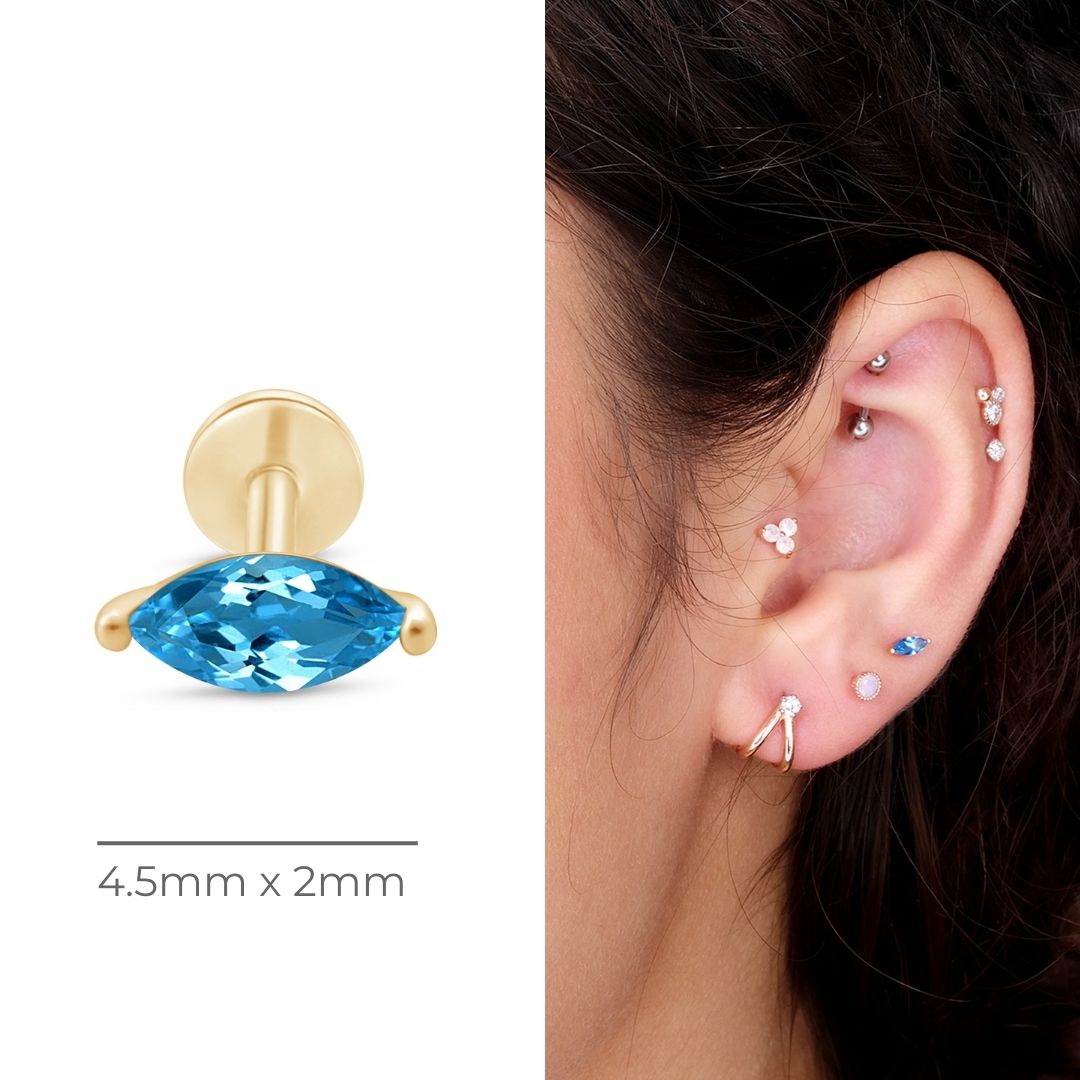 14K Yellow Gold Marquise London Blue Topaz Stud Earrings | Dainty & Elegant Flat Back Design for Everyday Wear & Special Occasions