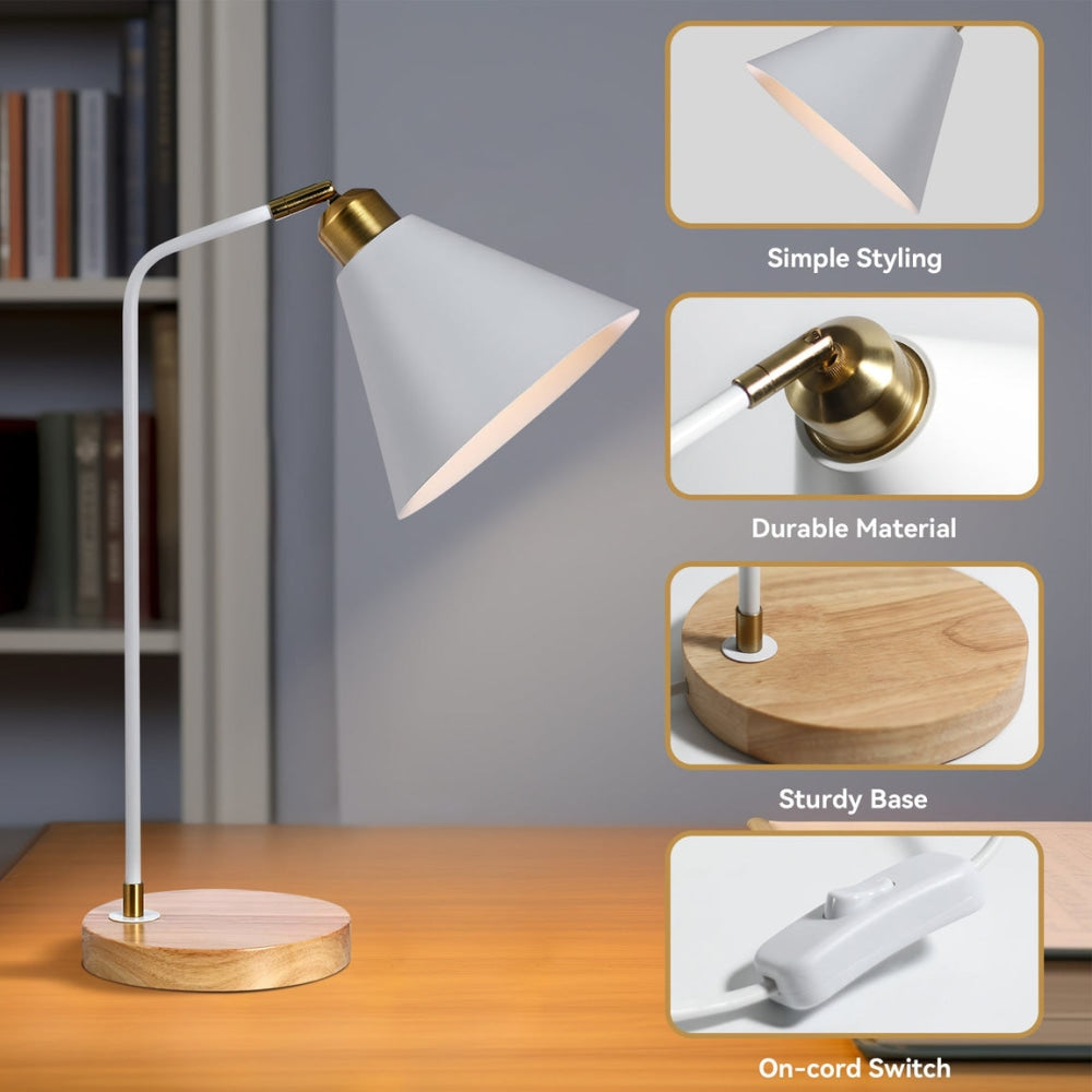 Scandinavian Cone Shade Wooden Base Table Lamp - Modern White Desk Lamp for Living Room, Bedroom & Office Decor