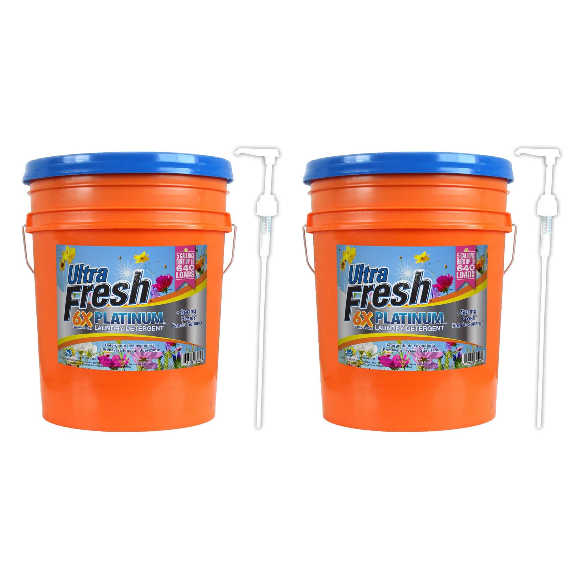 6X Platinum 5 Gallon Laundry Detergent Liquid with Spring Fresh Fabric Softener & Pump - Works in All Washing Machines (HE, Top Load, Front Load) - 640 Loads per Jug (2 Pack) - Perfect for Large Families, Laundromats & Commercial Use