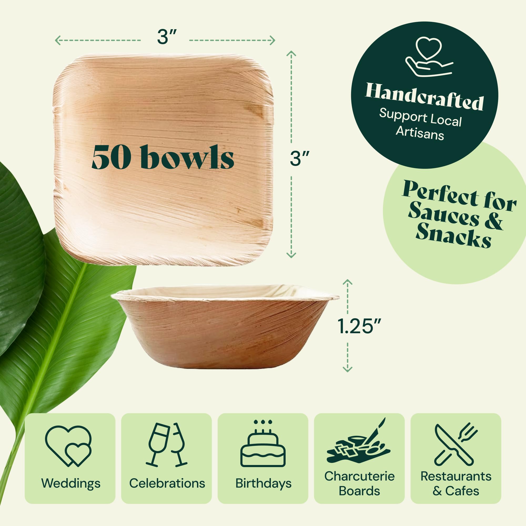Eco-Friendly 3 Inch Square Mini Palm Leaf Plates (50 Pack) - 100% Compostable & Biodegradable Disposable Dinnerware for Weddings, Parties, Events - Perfect for Cocktail Appetizers, Desserts & Small Bites