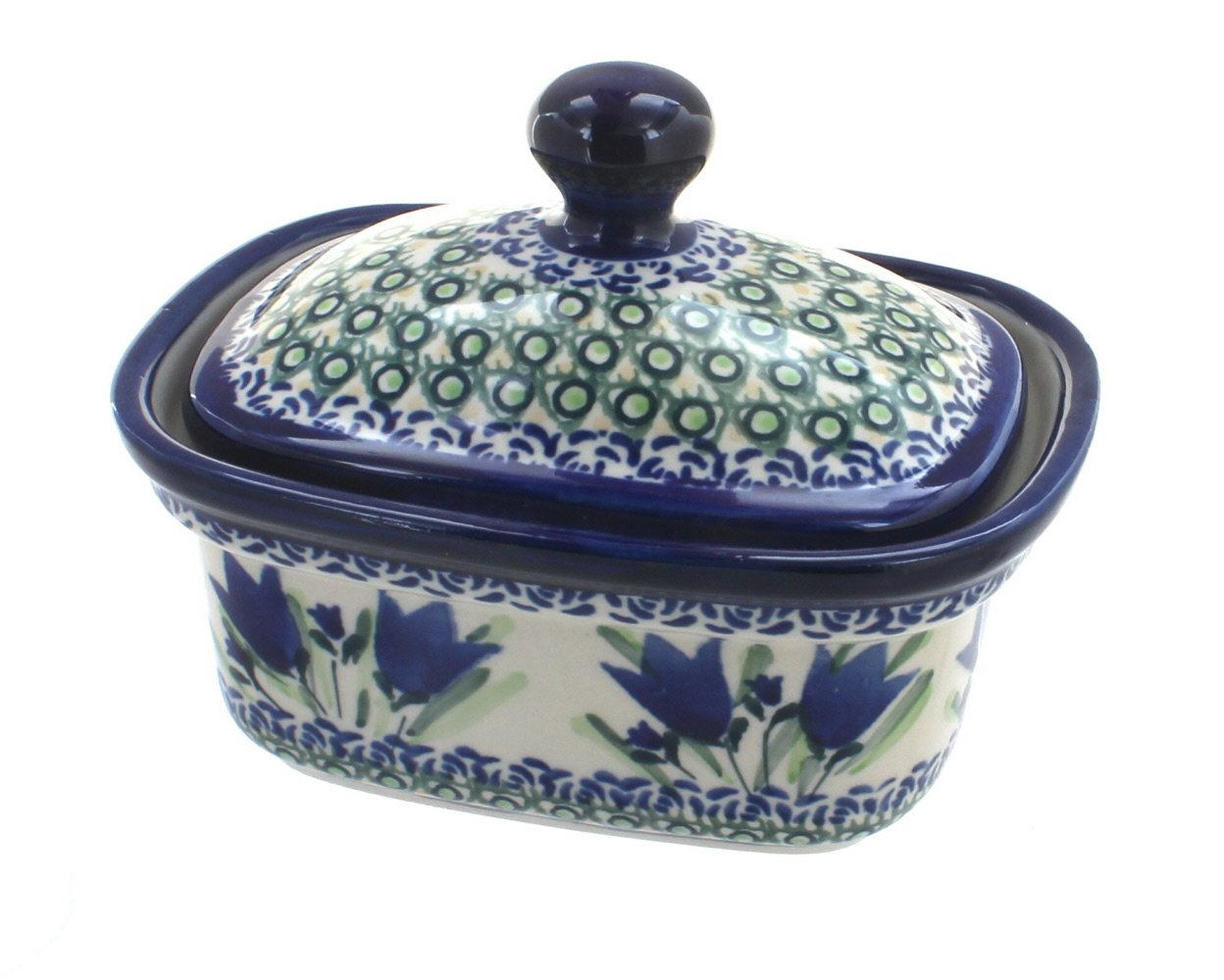 Handmade Blue Rose Polish Pottery Butter Dish with Blue Tulip Design – Perfect for Dining Table, Kitchen Decor & Gift Giving
