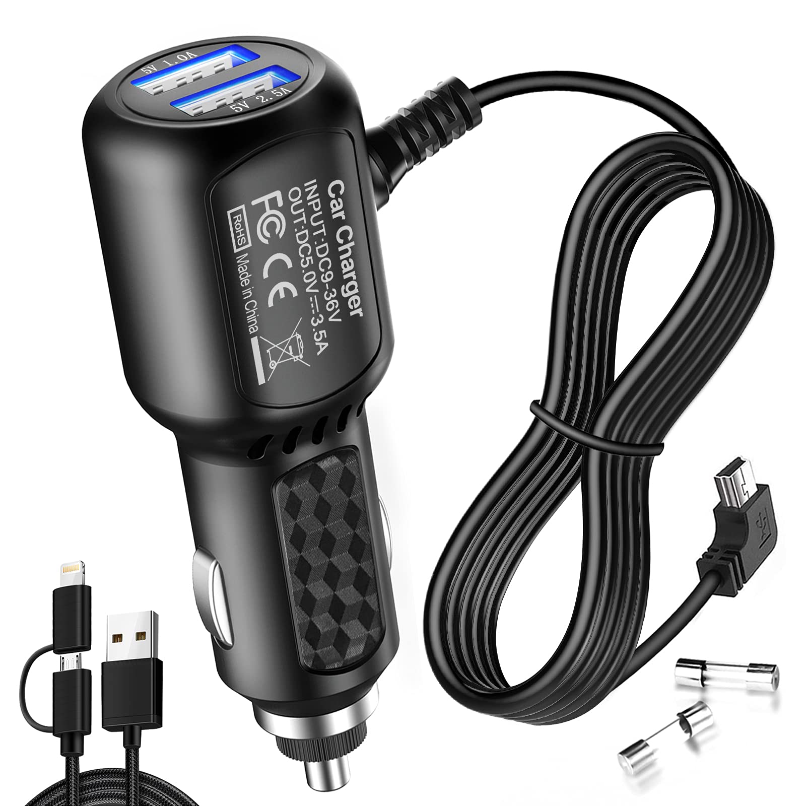 Dual USB Car Charger for Dash Cam - Mini USB & USB-A Ports, 6.5FT Fast Charging Cable Compatible with Garmin, APEMAN, Rexing, AKASO & More Dash Cams - Perfect for Road Trips, Commuting & Uber/Lyft Drivers