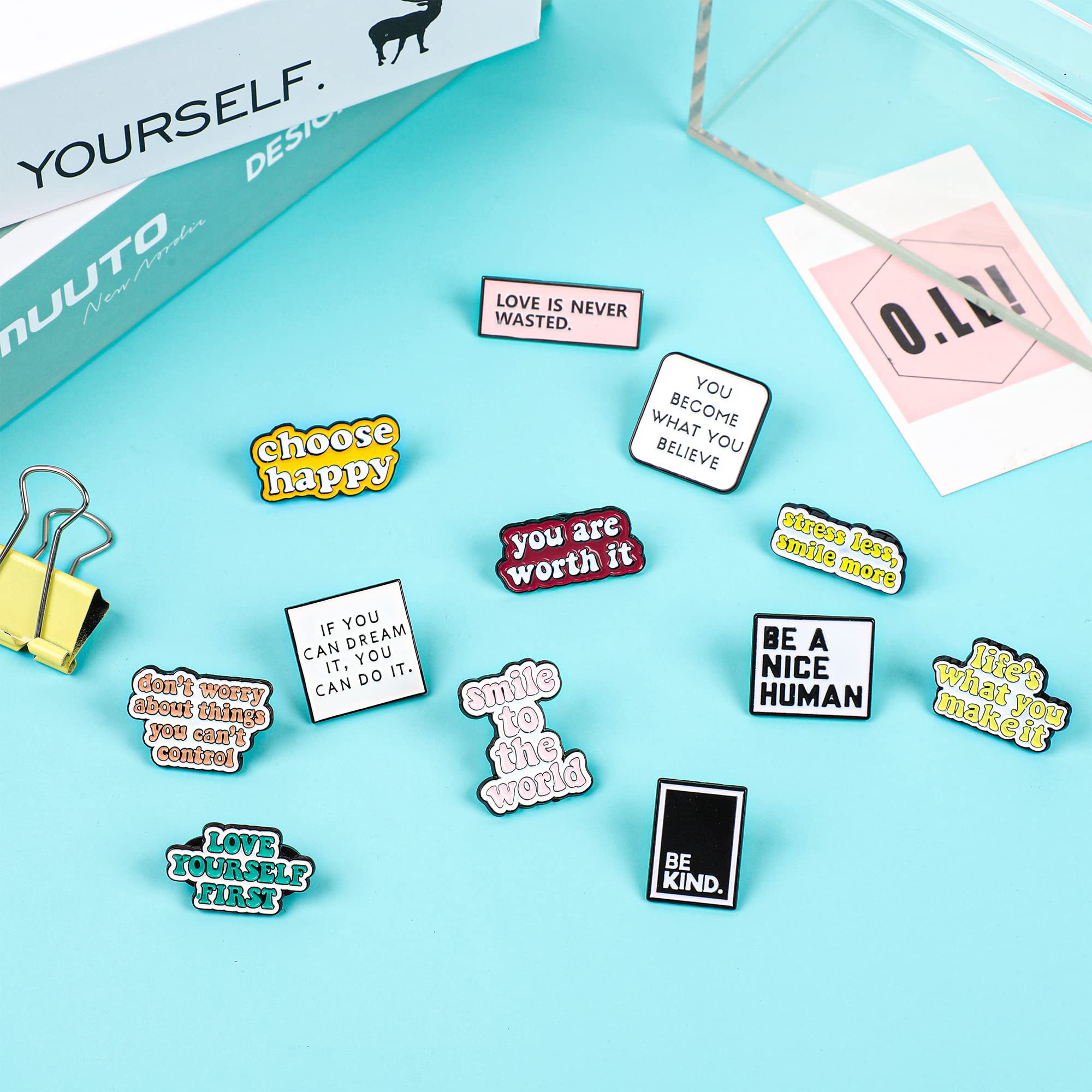 26 PCS Inspirational Enamel Pins Set - Motivational Quote Lapel Badges with Storage Bag for Backpacks, Jackets, Hats & Gifts | Positive Saying Brooches for Students, Teachers, Coworkers & Friends
