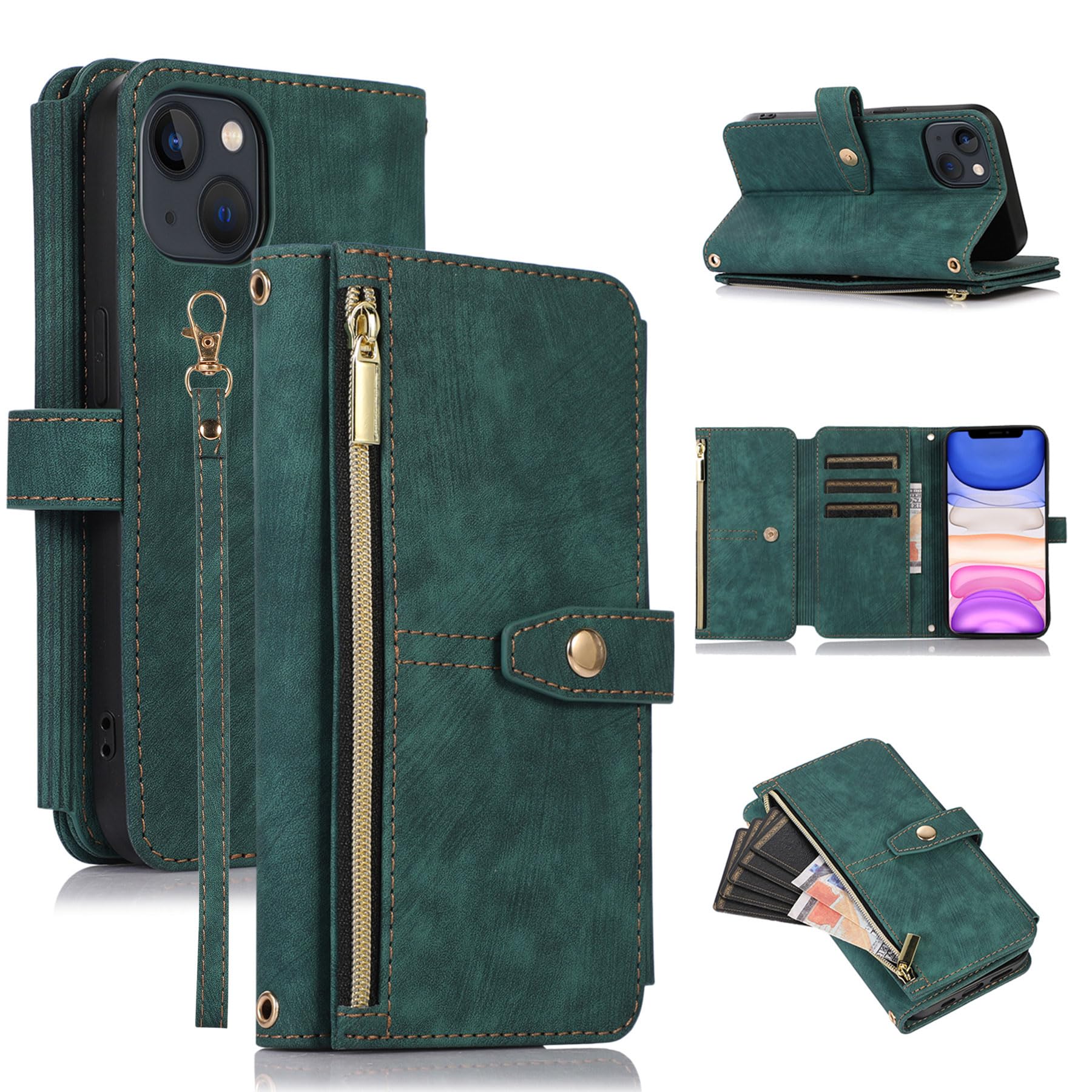 Premium Zipper Leather Wallet Case for iPhone X/Xs - Flip Cover with Wrist Strap & Card Slots, Green | Perfect for Daily Use, Travel & Hands-Free Convenience