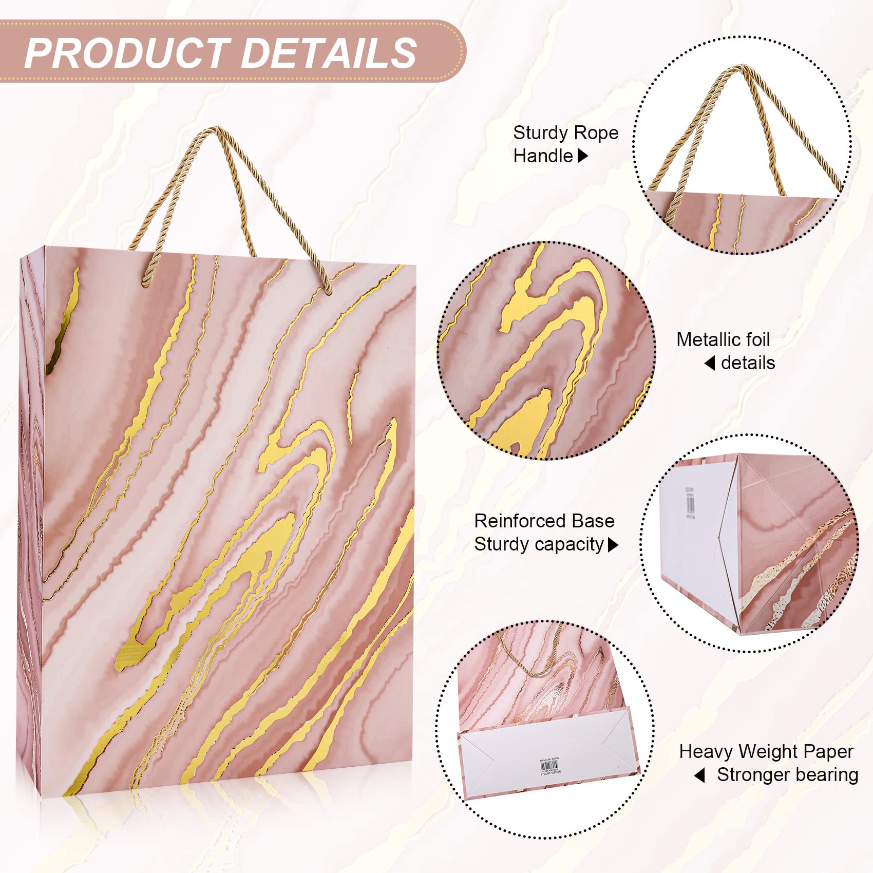 8 Pack Pink Marble Gift Bags 12.6x10.2x3.9 Inch Medium Size Party Favor Bags for Christmas, Valentine's Day, Baby Shower, Birthday, Wedding, Mother's Day - Perfect for Gift Wrapping, Party Decorations & Special Occasions