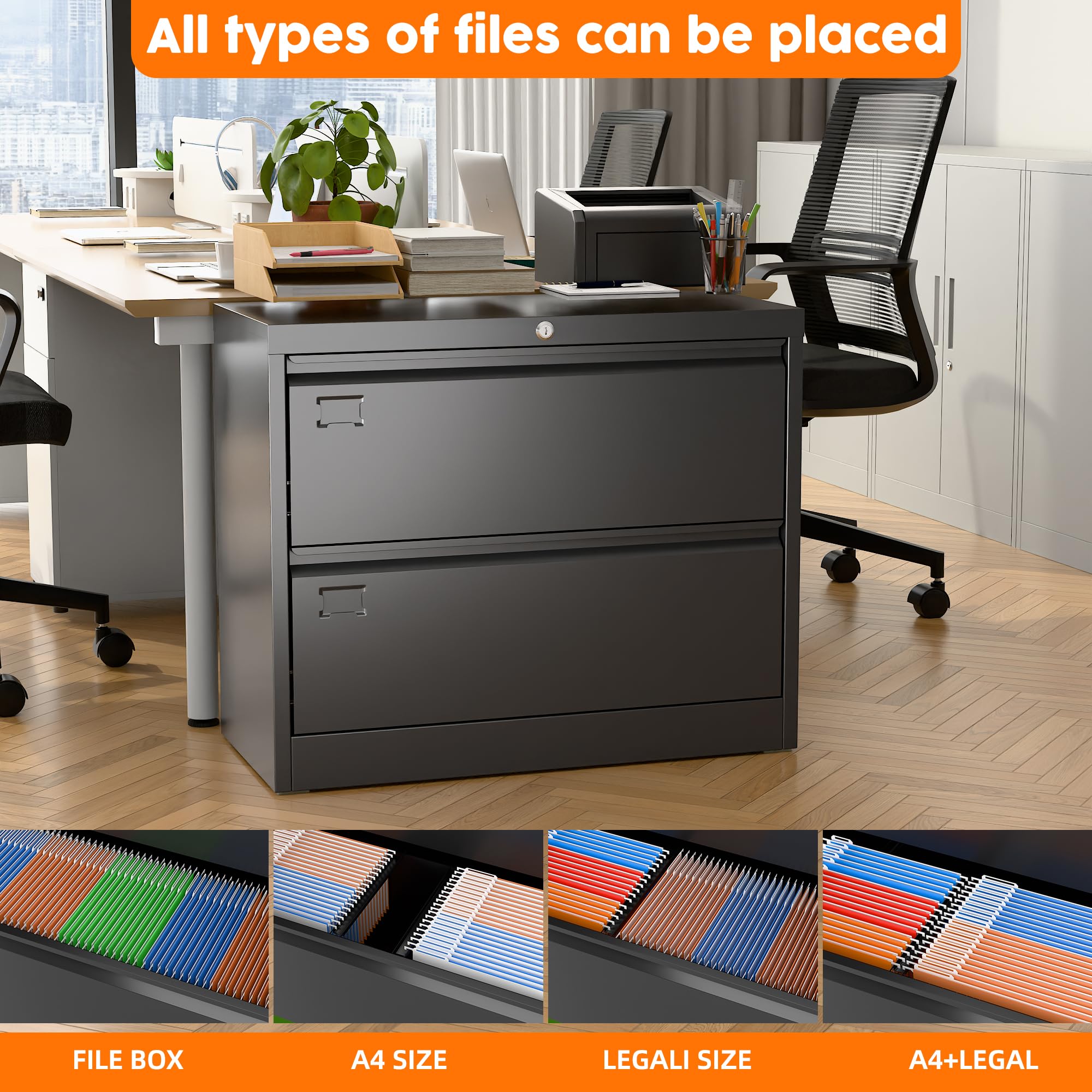 METAN 2-Drawer Metal Lateral Filing Cabinet - Locking Steel File Storage for Legal/Letter/A4 Documents - Black Home Office Organizer | Perfect for Office, Study Room & Home Workspace Organization
