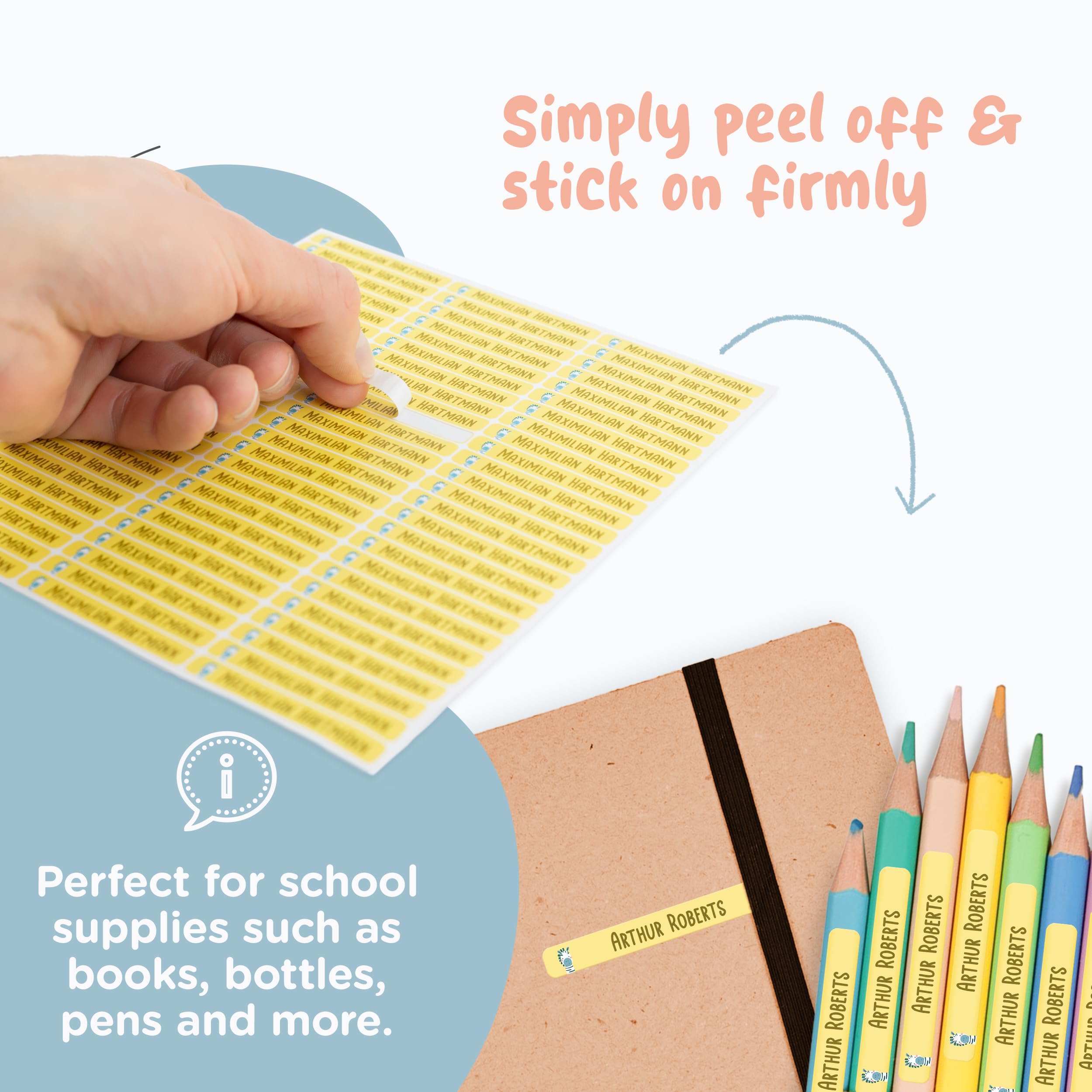 StiKiddo® Premium Personalized Name Labels for School Supplies - 150 Waterproof Name Stickers for Pens, Pencils, Lunch Boxes & Kids Items - Pink | Perfect for Back to School, Daycare & Organizing Children's Belongings
