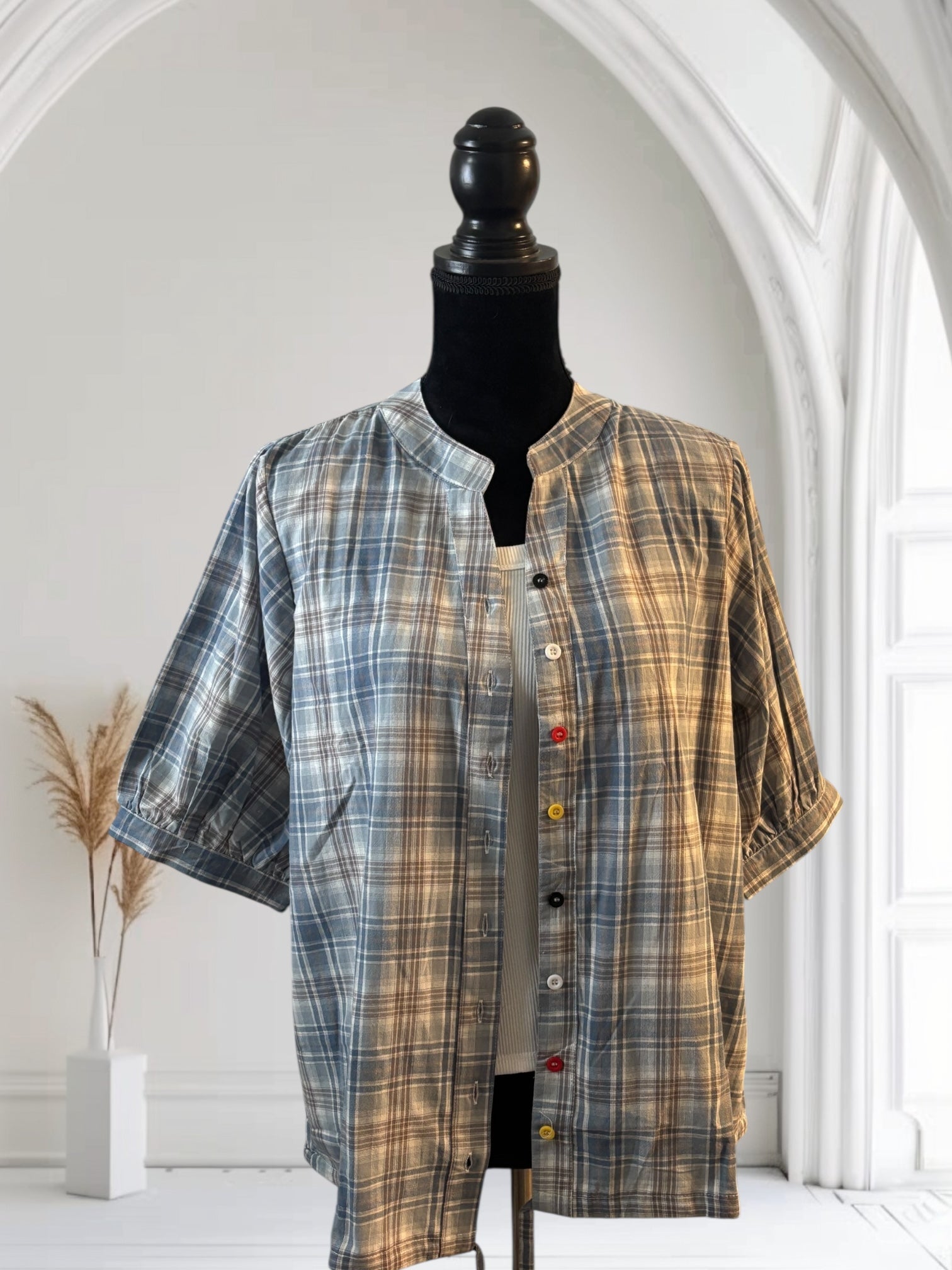 Women's Plaid Short Sleeve Cotton Shirt - Summer Thin Drawstring Casual Top for Outdoor Activities, Travel & Daily Wear