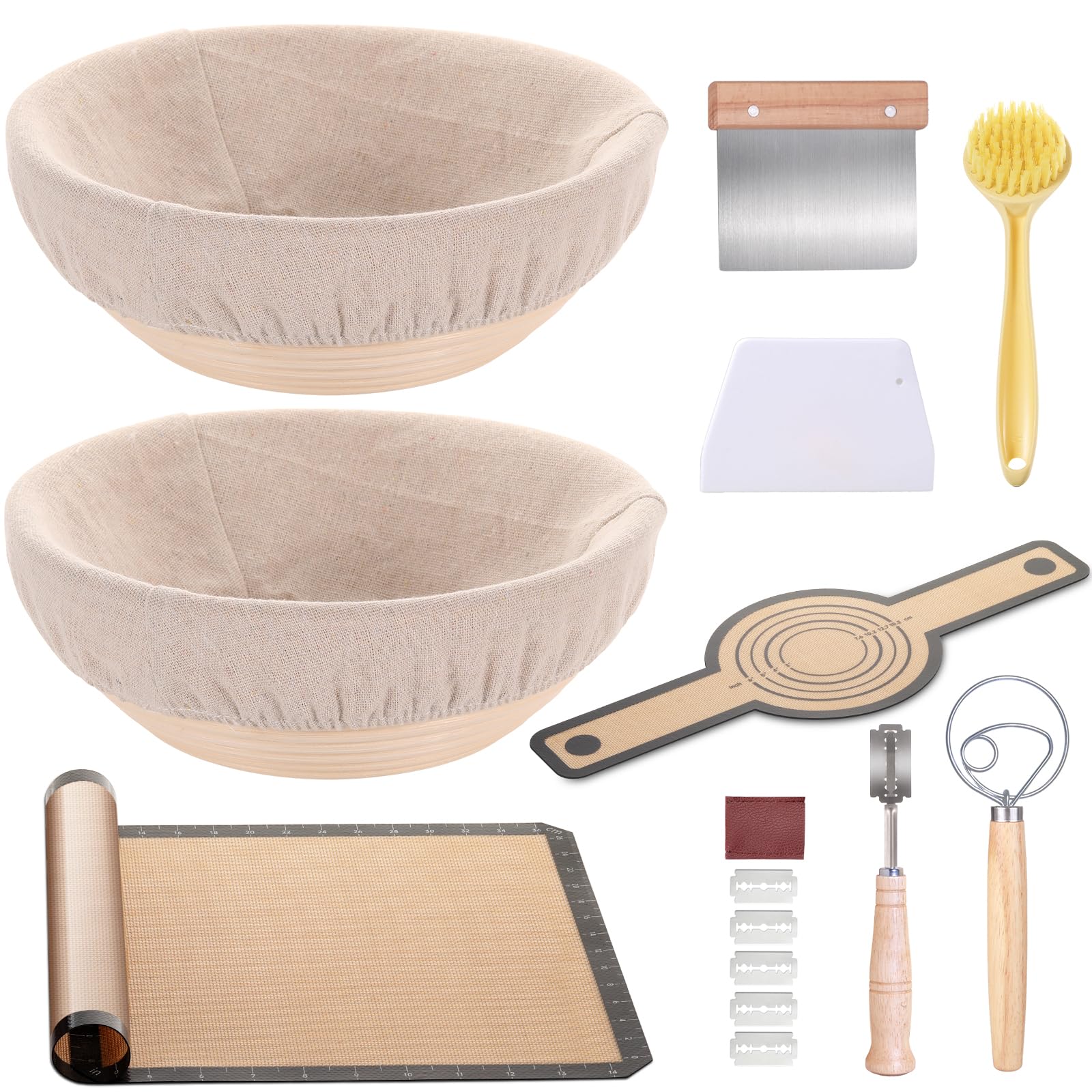 2-Pack 9 Inch Round Banneton Bread Proofing Basket Set with Silicone Bread Sling & Dough Whisk - Perfect for Sourdough Baking, Artisan Bread Making - Ideal Gift for Bakers & Home Bread Making Enthusiasts