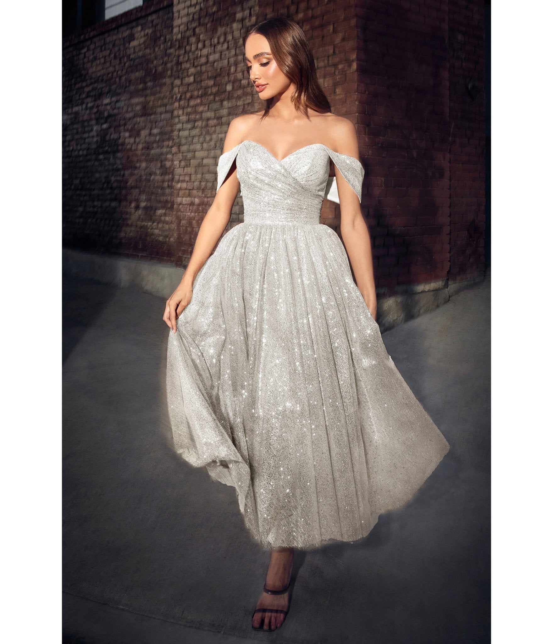 Cinderella Divine Off White Glitter Off Shoulder Tea Length Prom Dress - Elegant Formal Gown for Homecoming, Quinceañera & Evening Parties