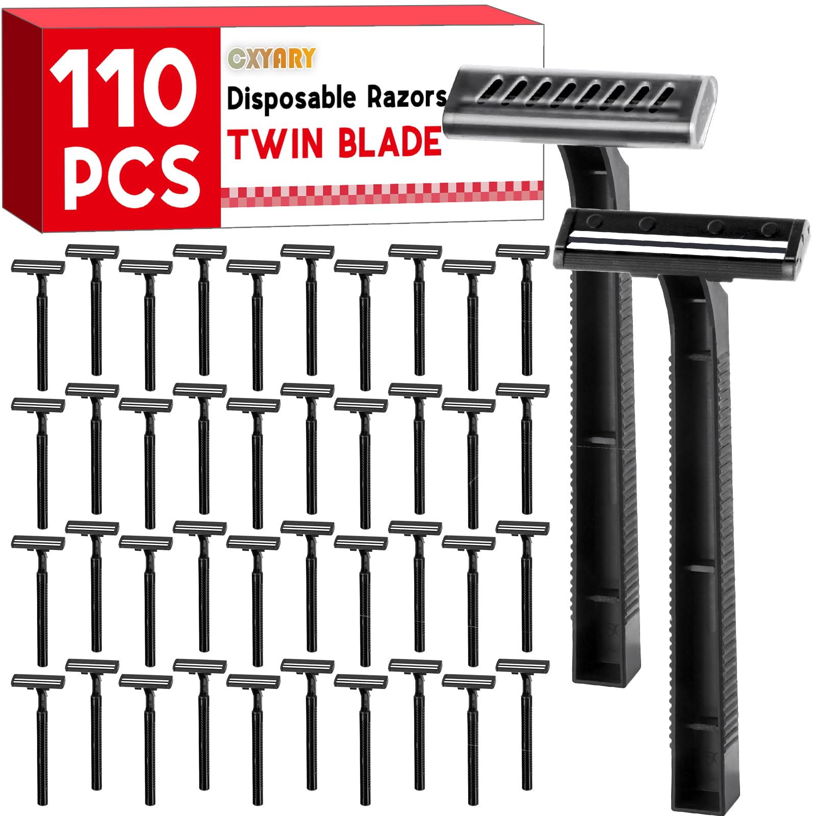 110 Pcs Twin Blade Disposable Razors for Men & Women - Bulk Black Razors with Safety Cap & Stainless Steel Blades - Perfect for Travel, Hotels, Gym, Camping, Emergency Kits & Charity Donations