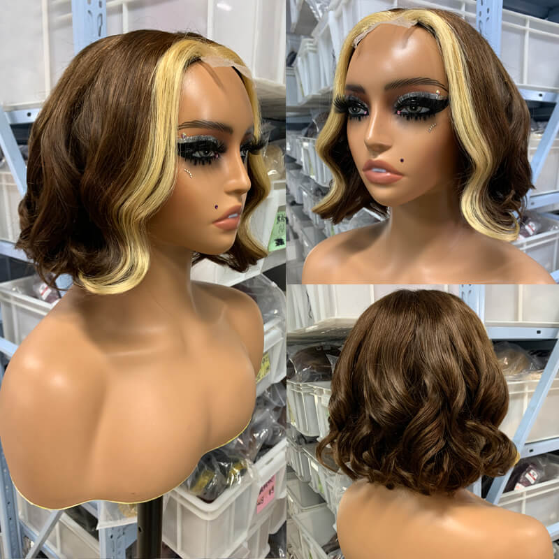 Eullair Short Layered Straight Bob Wig - Chocolate Brown with Honey Blonde Highlights 100% Human Hair Wavy Loose Wig for Women | Perfect for Cosplay, Daily Wear & Costume Parties