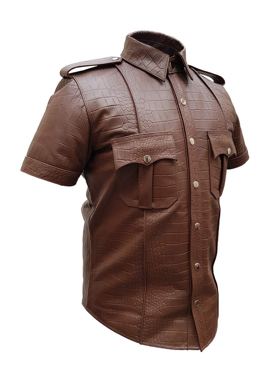 Men's Brown Alligator Print Leather Police Style Uniform Shirt - Authentic Look for Cosplay, Halloween & Role Play | BLUF Gay Collection