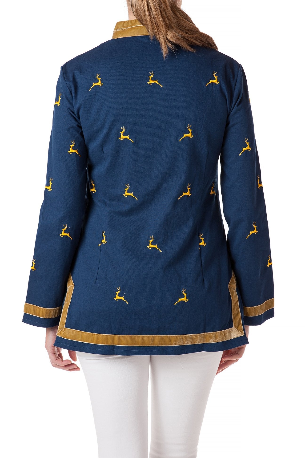 Stretch Twill Tunic Top in Nantucket Navy with Leaping Reindeer Print - Women's Casual Blouse for Work, Holiday Parties & Everyday Wear