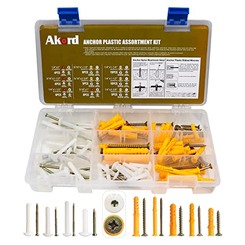 130PCS Akord Anchor Plastic Assortment Kit - Nylon Mushroom Head Wall Anchors & Screws for Drywall, Hollow Wall, Concrete (2 Types & 8 Sizes) - Perfect for Home DIY, Furniture Assembly, and Wall Mounting Projects