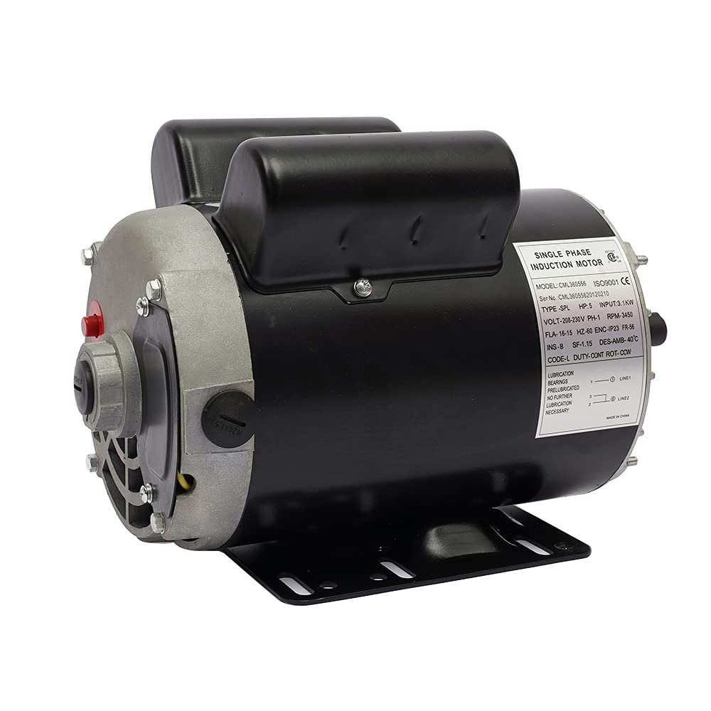 5HP SPL Air Compressor Motor 208-230V Single Phase Electric Motor - 3450 RPM, 56 Frame, 5/8