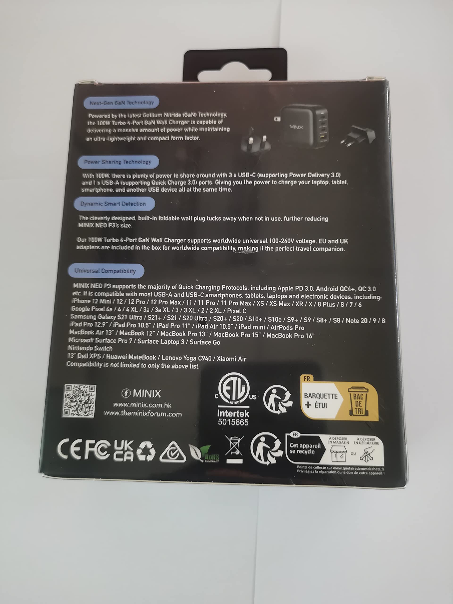 MINIX NEO P3 100W Turbo 4-Ports GaN Wall Charger - Fast Charging Adapter with 3 USB-C Ports (100W/20W) & 1 USB-A Port (18W) - Compatible with MacBook Pro/Air, iPad Pro, iPhone 13/12, Galaxy S9 & More - Perfect for Travel, Office & Home Charging