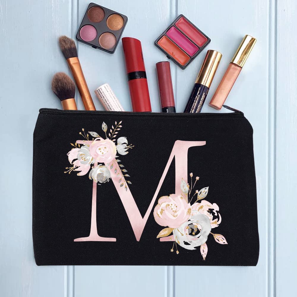 26 Letter Printed Zip Canvas Pouch - Waterproof Makeup Bag, Travel Cosmetic Organizer, Toiletry Case for Women - Perfect for Bridesmaid Gifts, School Pencil Case & Coin Purse (Pink Floral Design) - Ideal for Travel, Daily Use & Gift Giving