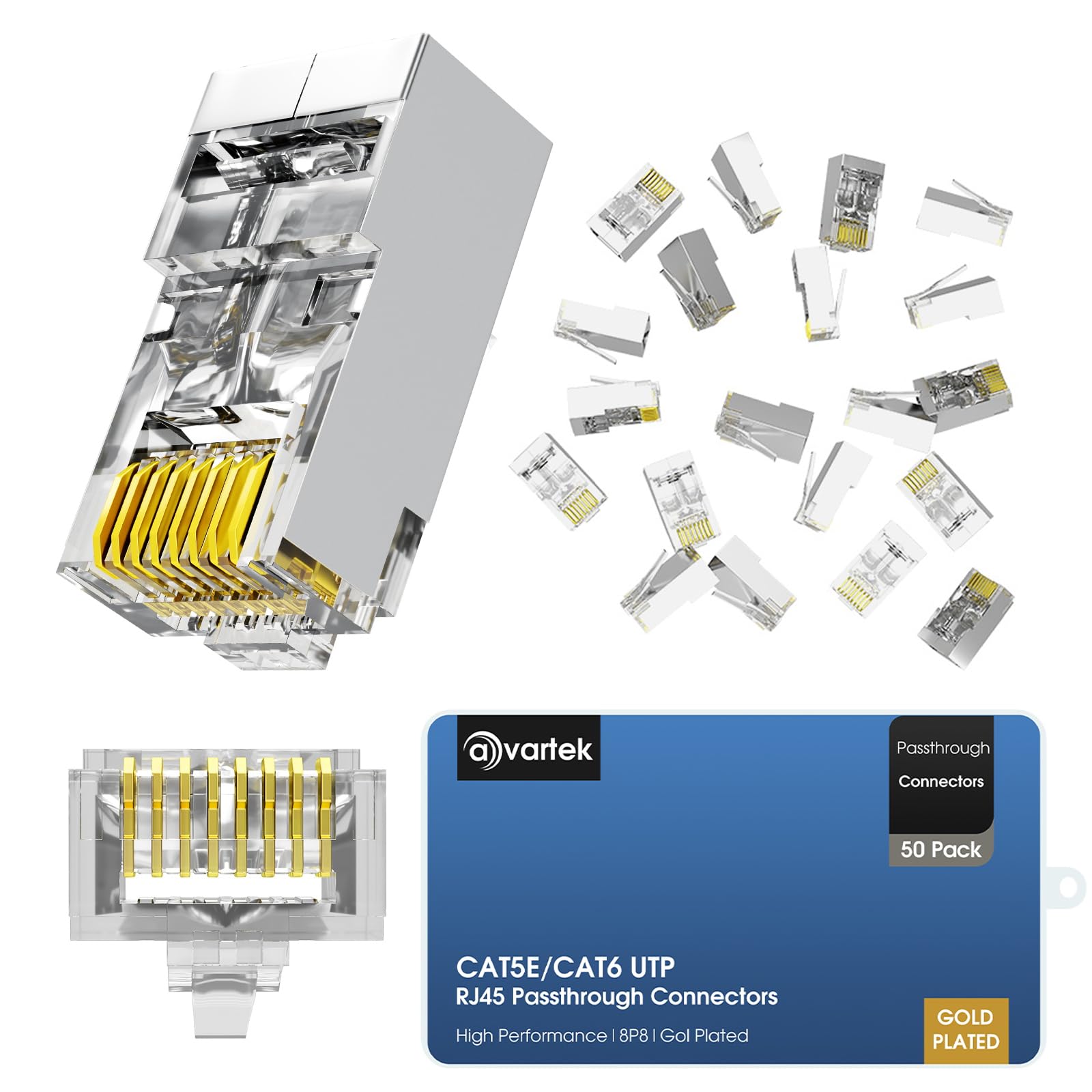 AVARTEK 50-Pack Gold Plated RJ45 Ethernet Connectors - Cat5, Cat5e, Cat6 Shielded Pass Through Plugs for UTP Solid & Stranded Network Cables - Ideal for Home Networking, Office Setup & Server Room Installations