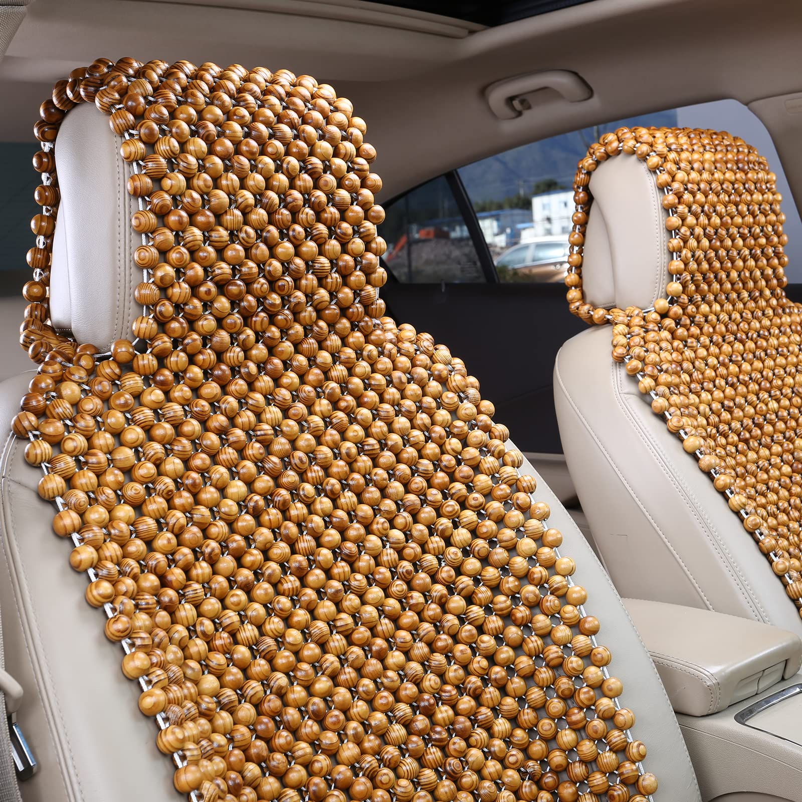 Natural Olive Wood Beaded Car Seat Cover - 18mm Large Beads, Universal Fit for Cars & Trucks, Durable & Breathable for Year-Round Comfort | Perfect for Commuting, Road Trips & Hot Weather Driving (Olive Green)