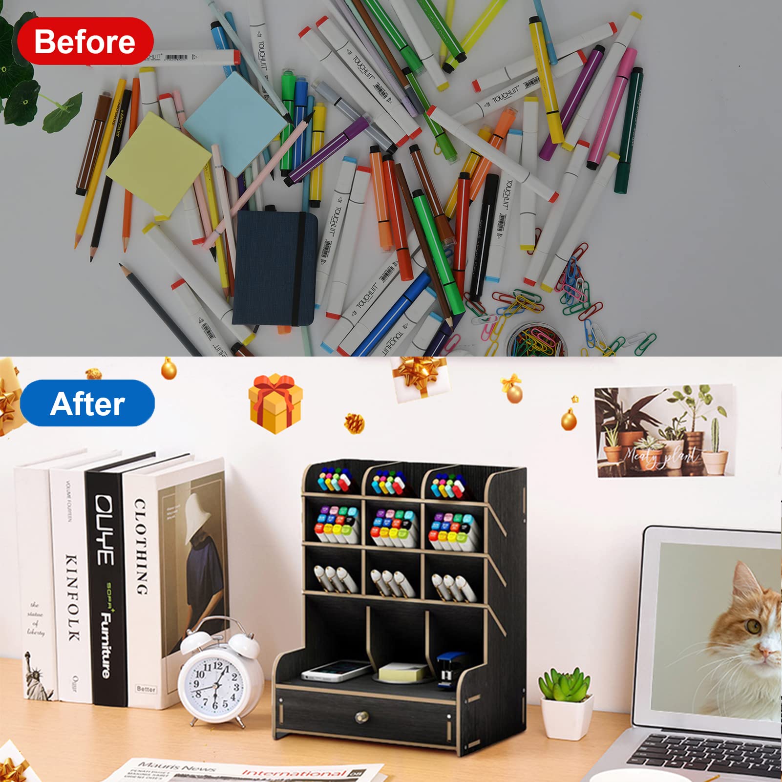 Marbrasse Wooden Desk Organizer - Multi-Functional DIY Pen Holder & Office Supplies Storage with Drawer | Easy Assembly for Home Office, School & Workspace (B11-Black)