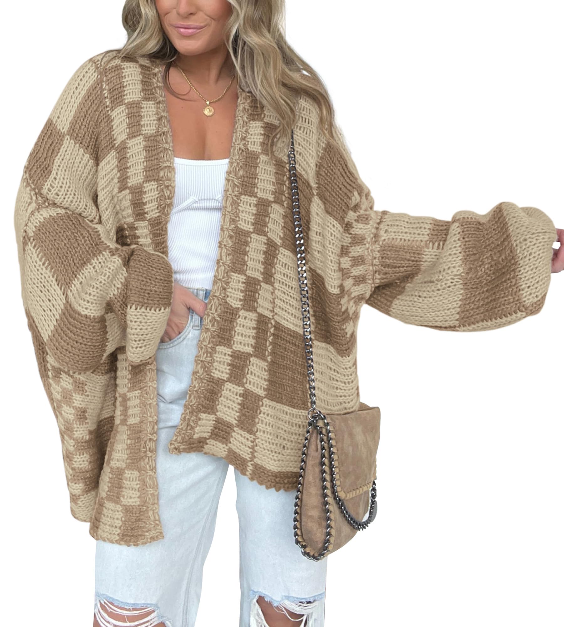 BTFBM Women's Casual Open Front Long Sleeve Chunky Knit Cardigan Sweater - Plaid Pattern Cozy Winter Coat for Office, Lounge & Outdoor Wear