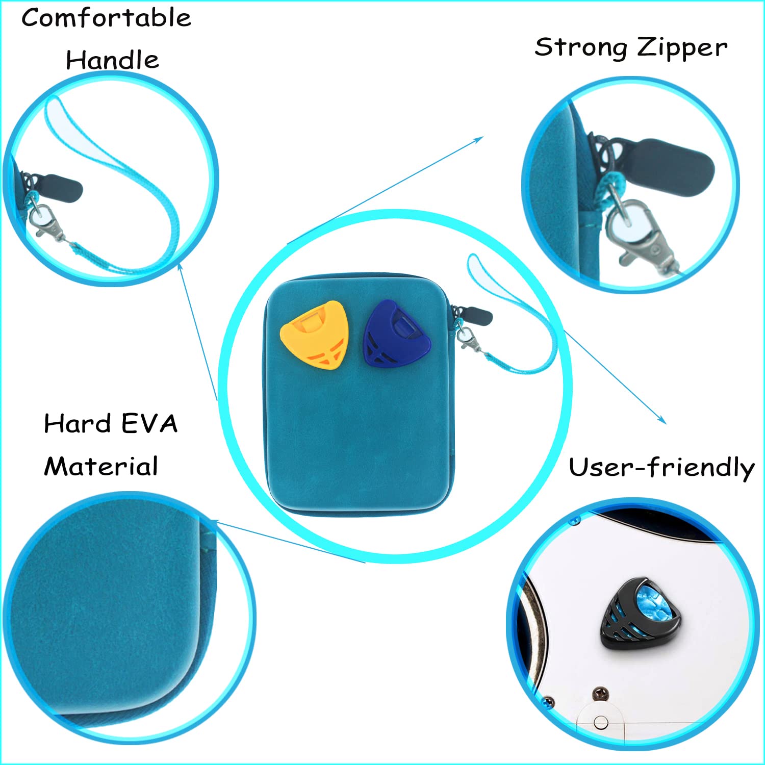 Premium Guitar Pick Holder Case - Compatible with Fender, ChromaCast, D'Addario, Jim Dunlop & Bolopick - Durable Storage Pouch with 2 Stick-on Pick Holders - Aqua Blue - Perfect for Guitarists & Musicians On-The-Go