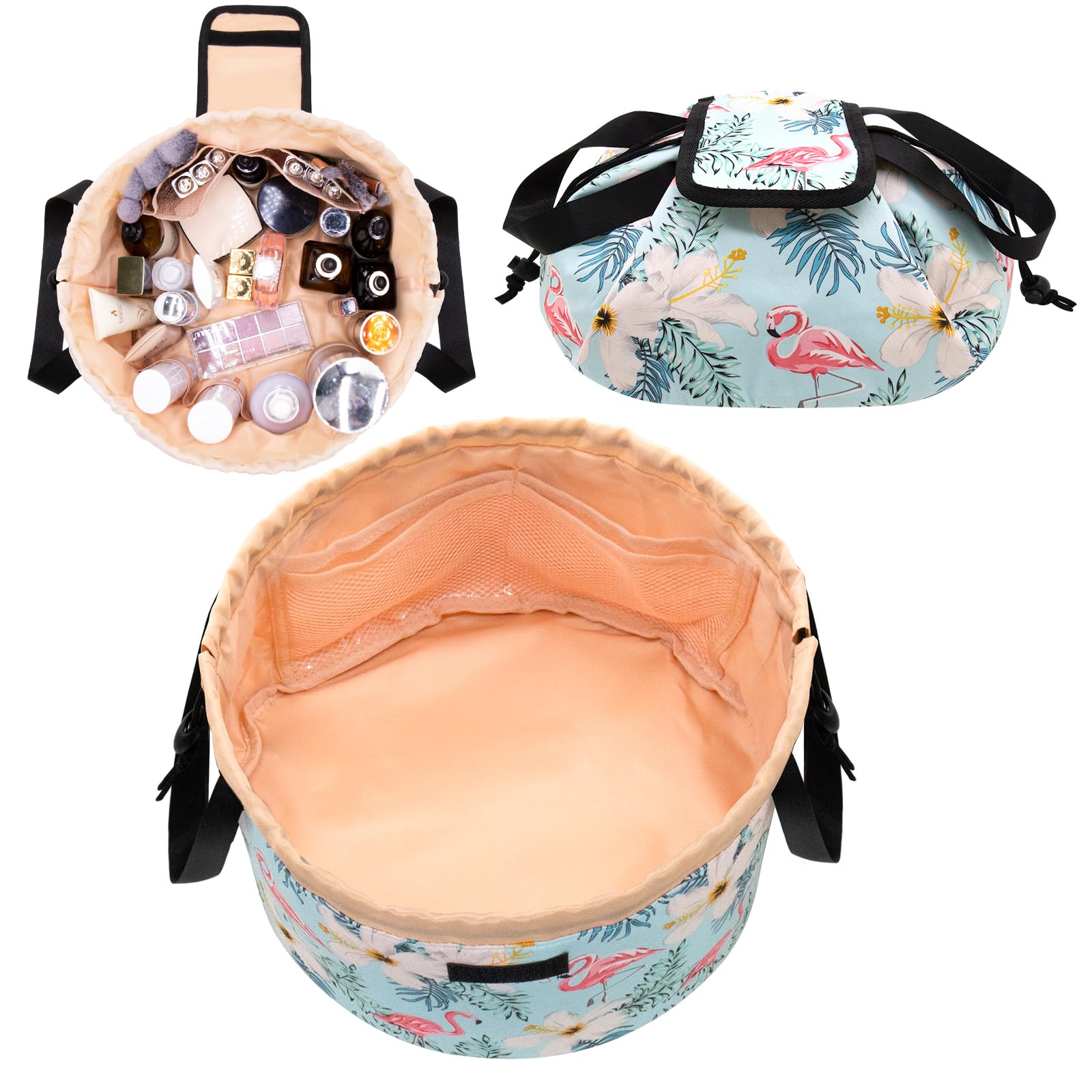 Large Barrel Drawstring Makeup Bag | Travel Cosmetic Organizer | Portable Flamingo Makeup Pouch for Women | Waterproof Toiletry Bag | Perfect for Travel, Gym & Daily Essentials (Flamingo Blue)