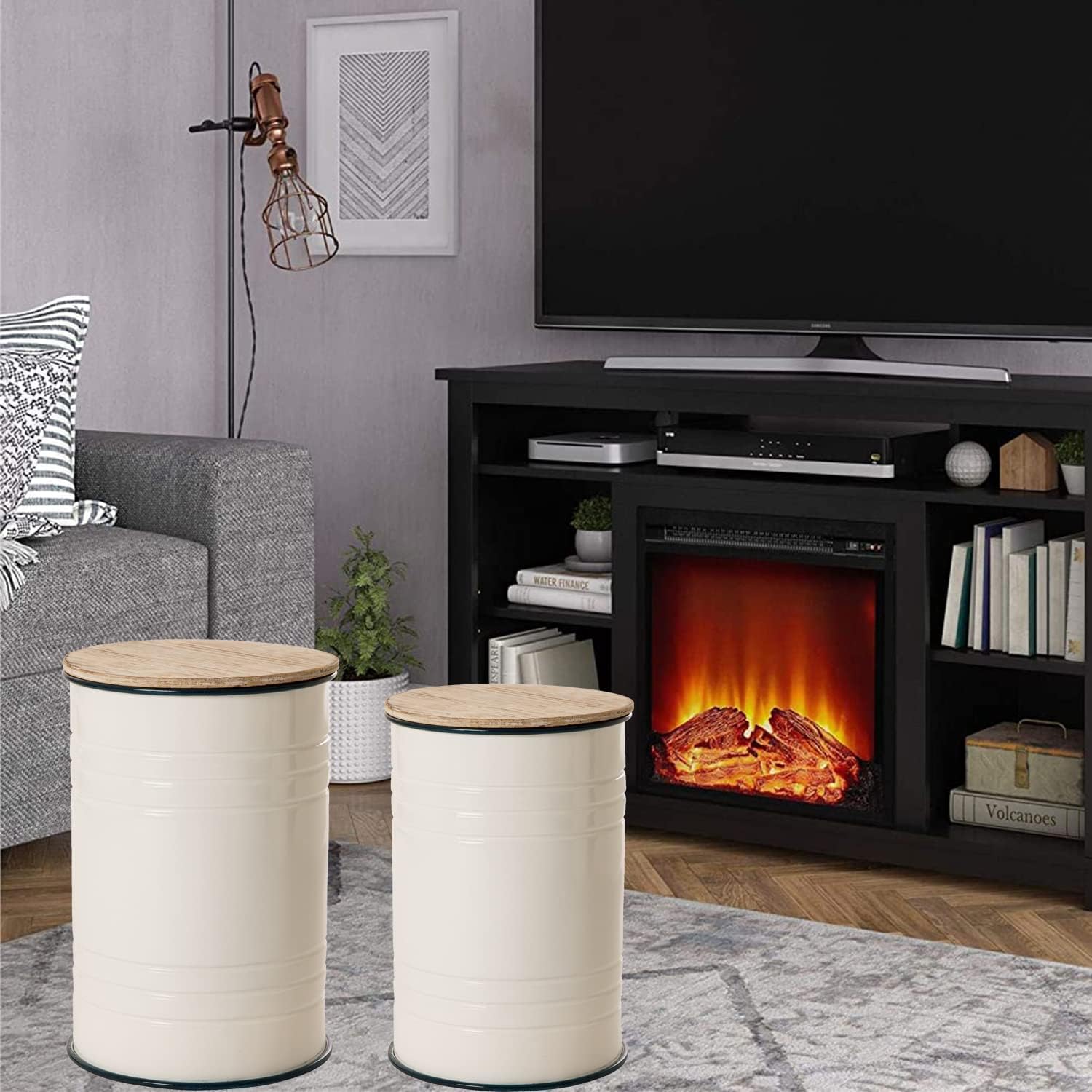 Glitzhome Rustic Storage Ottoman Seat Stool - Farmhouse End Table with Galvanized Dark Blue Rim & Round Wood Lid - Imitation Enamel Accent Side Table Toy Storage Bin for Living Room, Bedroom, Nursery - Set of 2 in White - Perfect for Home Decor, Extra Seating & Organization