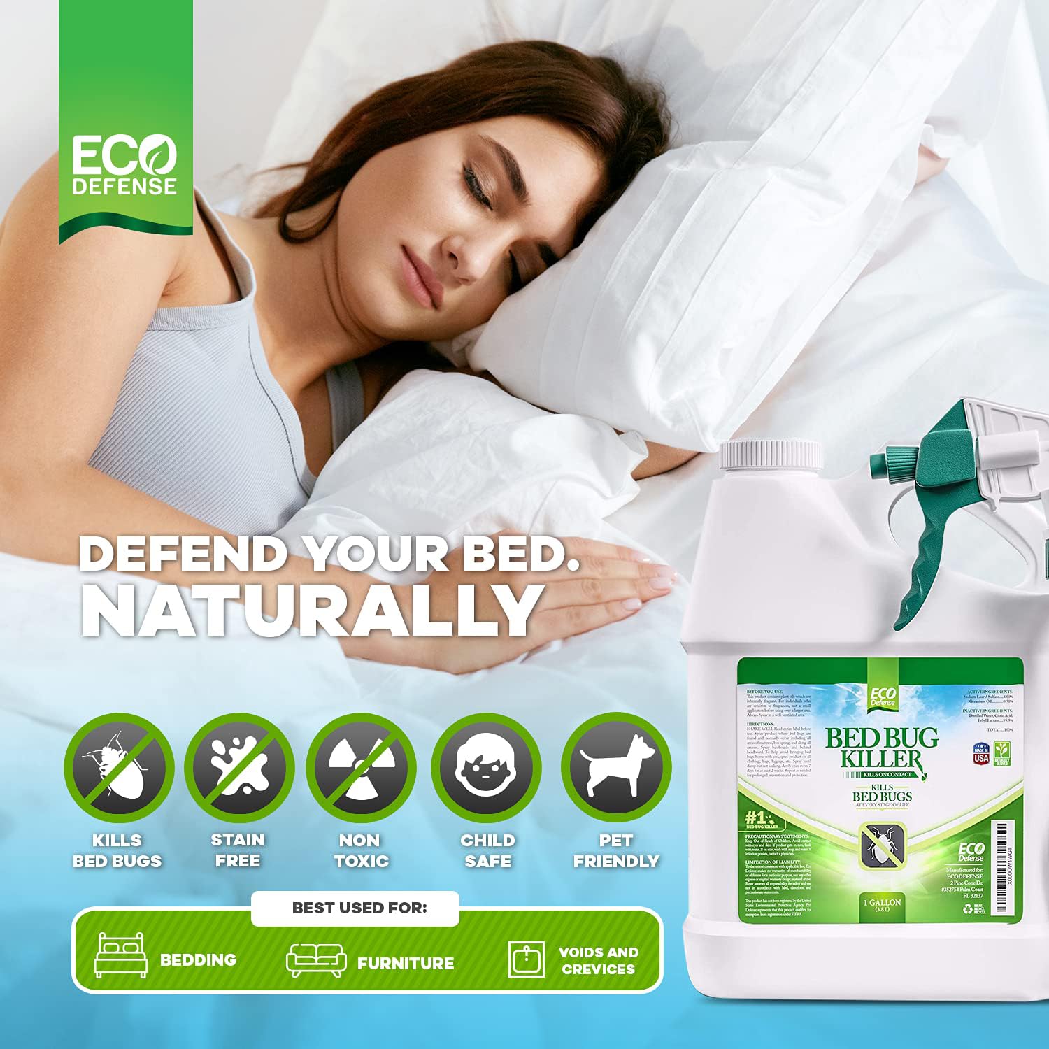 Eco Defense Natural Bed Bug Killer Spray & Dust Mite Treatment - 1 Gallon for Home, Hotel & Travel Use - Safe & Effective Pest Control Solution