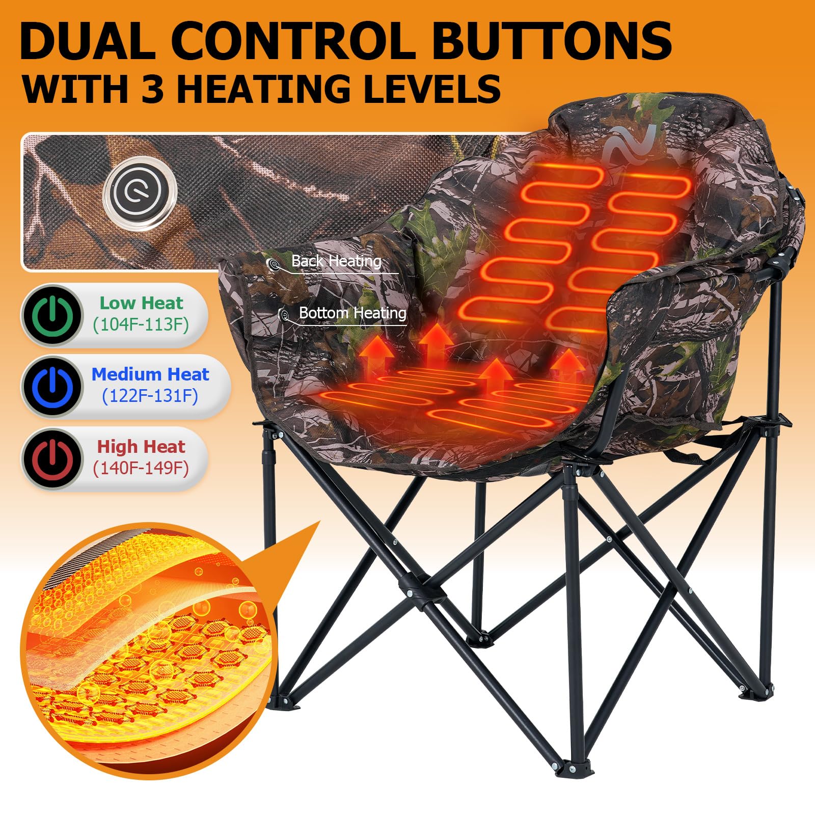 LILYPELLE Oversized Heated Camping Chair - 3 Adjustable Heat Levels, Portable Folding Outdoor Lounge Chair with Round Moon Saucer Design for Patio, Backyard, Beach & Camping | Perfect for Winter Camping, Tailgating & Outdoor Relaxation