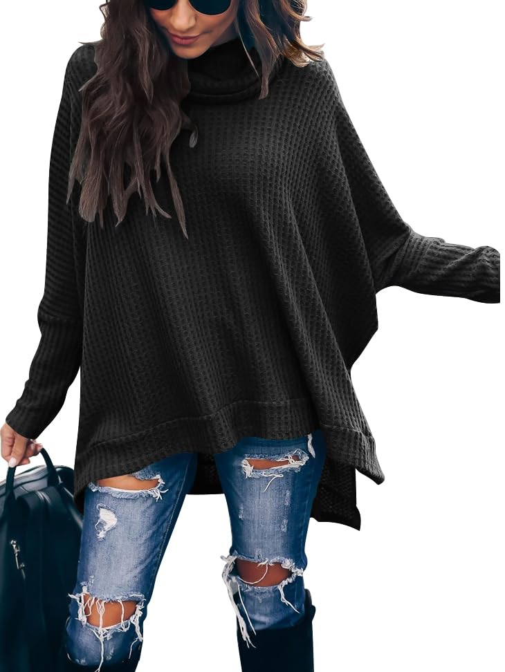 Caracilia Women's Oversized Turtleneck Sweater - Batwing Long Sleeve Waffle Knit Pullover with Split Hem | Winter Warm Casual Tops 2024 | Perfect for Office, Date Night & Fall Layering