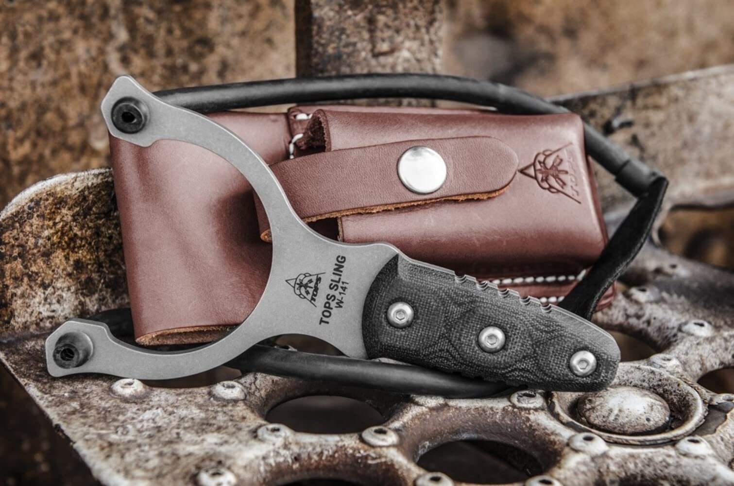 TOPS Knives Sling Shot Full Tang Fixed Blade Knife - Tumble Finish, Black Canvas Micarta Handle with Brown Leather Sheath & Belt Loop - Hunting, Camping, Survival Outdoor Tools
