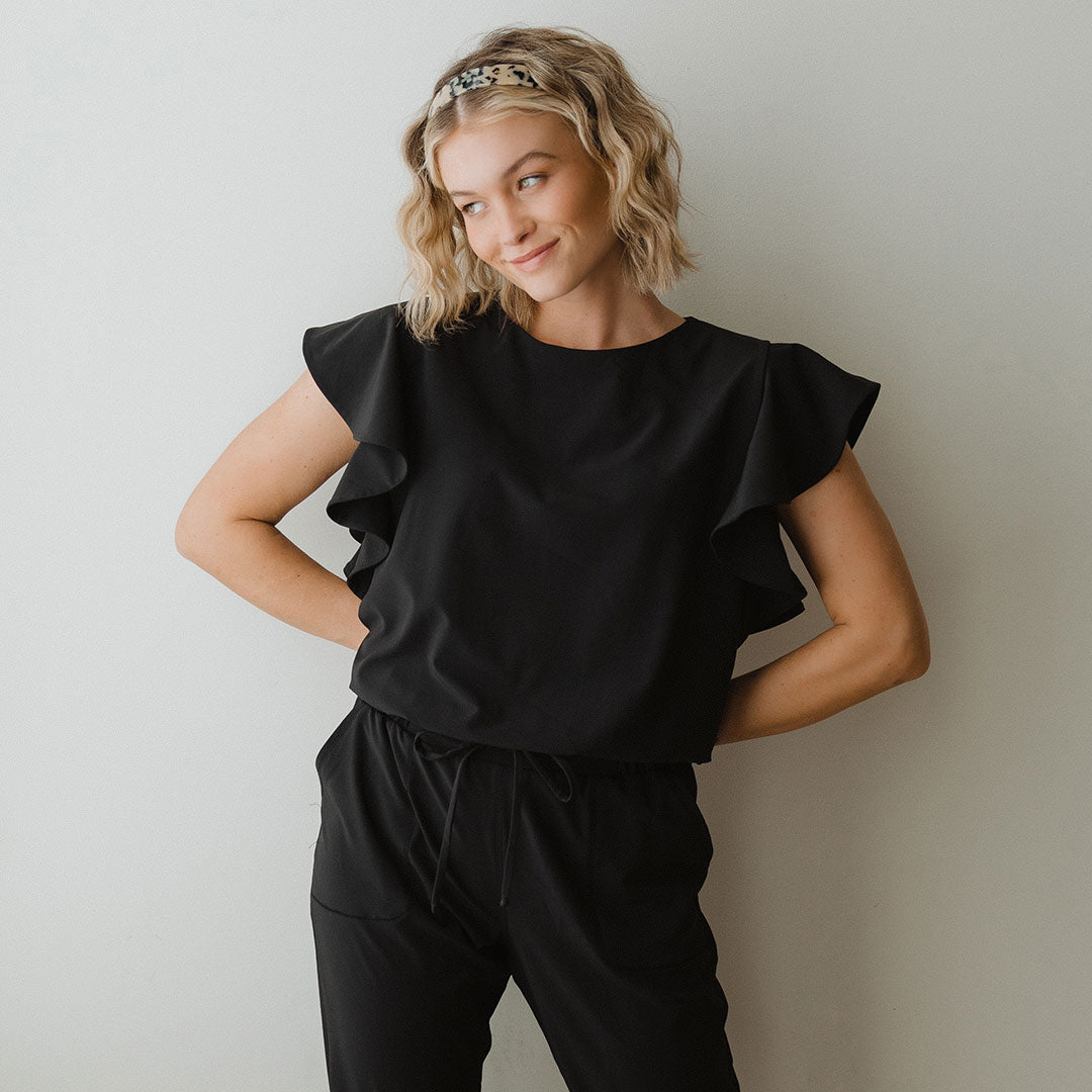 Black Flutter Sleeve Jumpsuit for Women - Elegant Wide Leg Romper with V-Neck | Perfect for Summer Parties, Date Nights & Beach Vacations