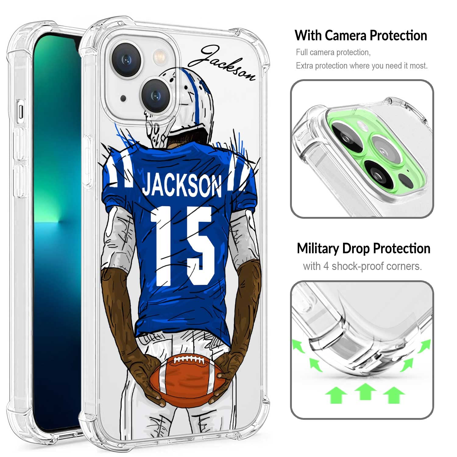Custom Name & Number Crystal Clear Football Case for iPhone 16 15 Pro Max 14 13 12 11 Xs Max Xr SE3 8 7 6 Plus 11 Pro Mini - Shockproof Transparent Phone Cover with 4 Protective Corners (Indianapolis Colts Design) - Perfect for Football Fans, Game Days & Team Spirit Accessories