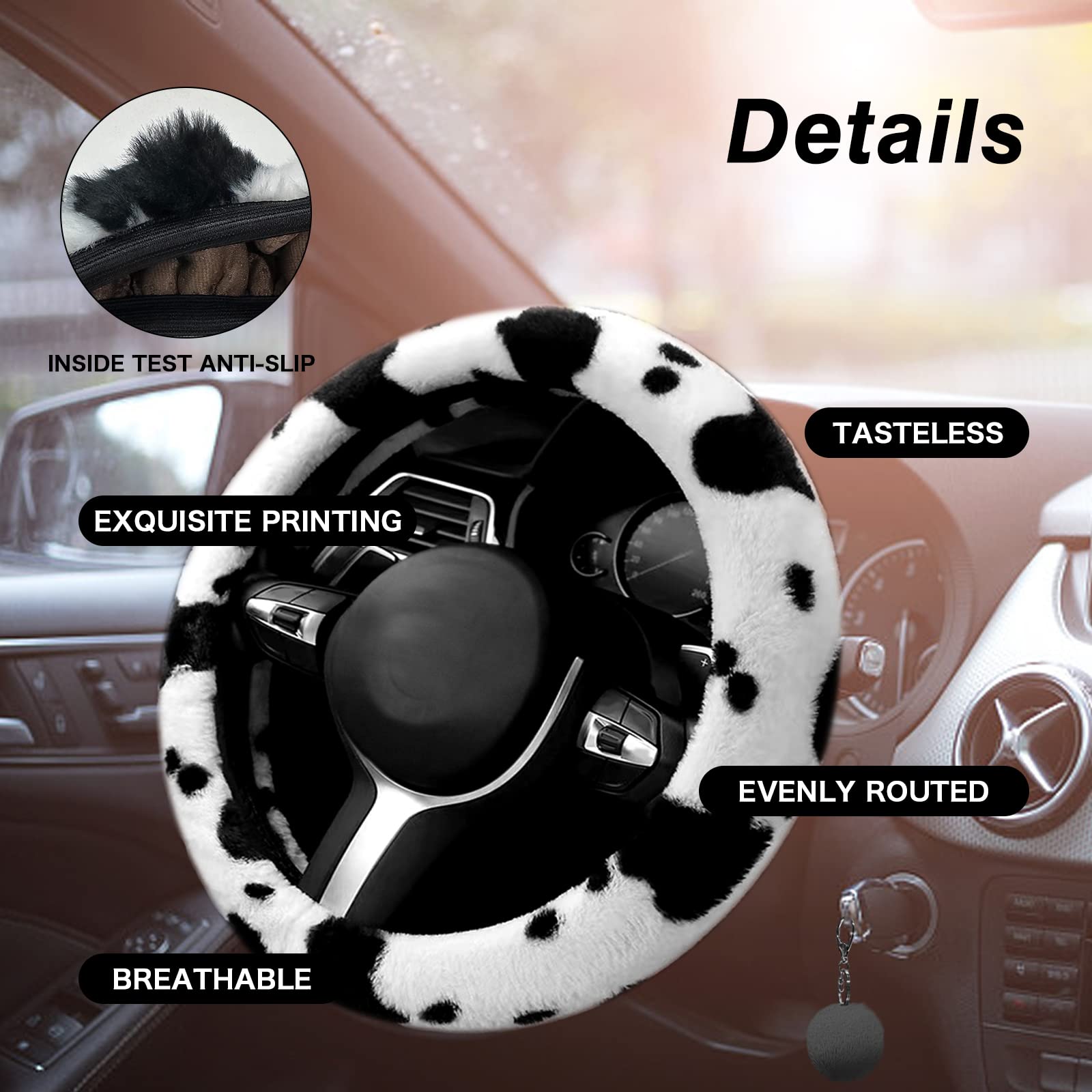 6PCS Car Interior Aesthetic Accessories Set - Fluffy Cute Cow Print Steering Wheel Cover, Armrest Pad, Seat Belt Cover & Gear Shift Cover - Perfect for Girly Car Decor & Comfort Driving