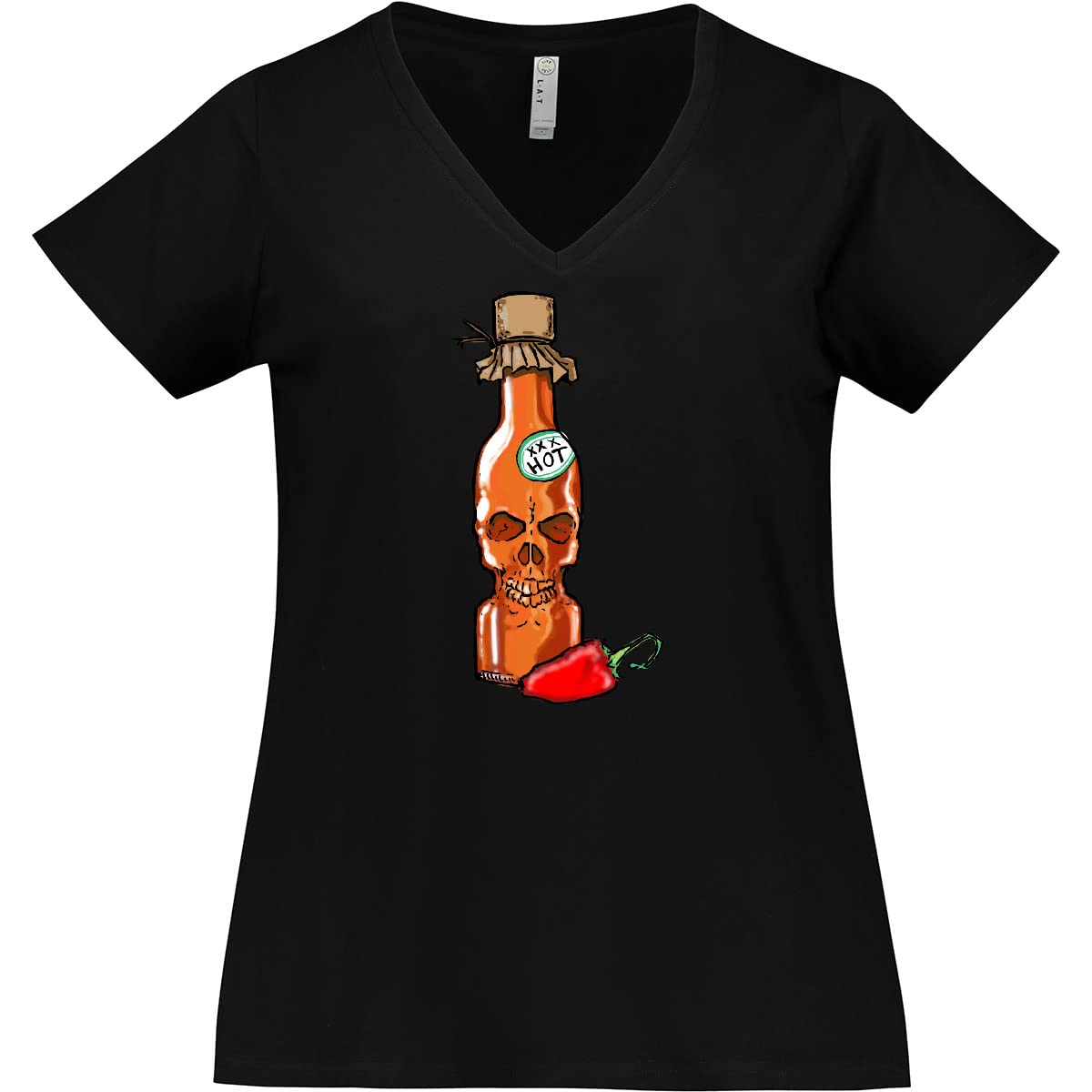 Inktastic Hot Sauce Skull Bottle with Pepper Women's Plus Size V-Neck T-Shirt - Spicy Food Lover Graphic Tee for Casual Wear & Gift Giving