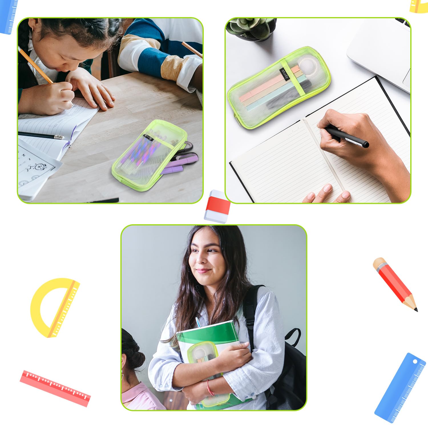 Mesh Pencil Case - Transparent Multifunctional Zipper Pouch for Pencils, Stationery & Travel Makeup | School, Office & Travel Organizer | Durable Clear Mesh Storage Bag (Green) - Perfect for Students, Professionals & On-the-Go Essentials