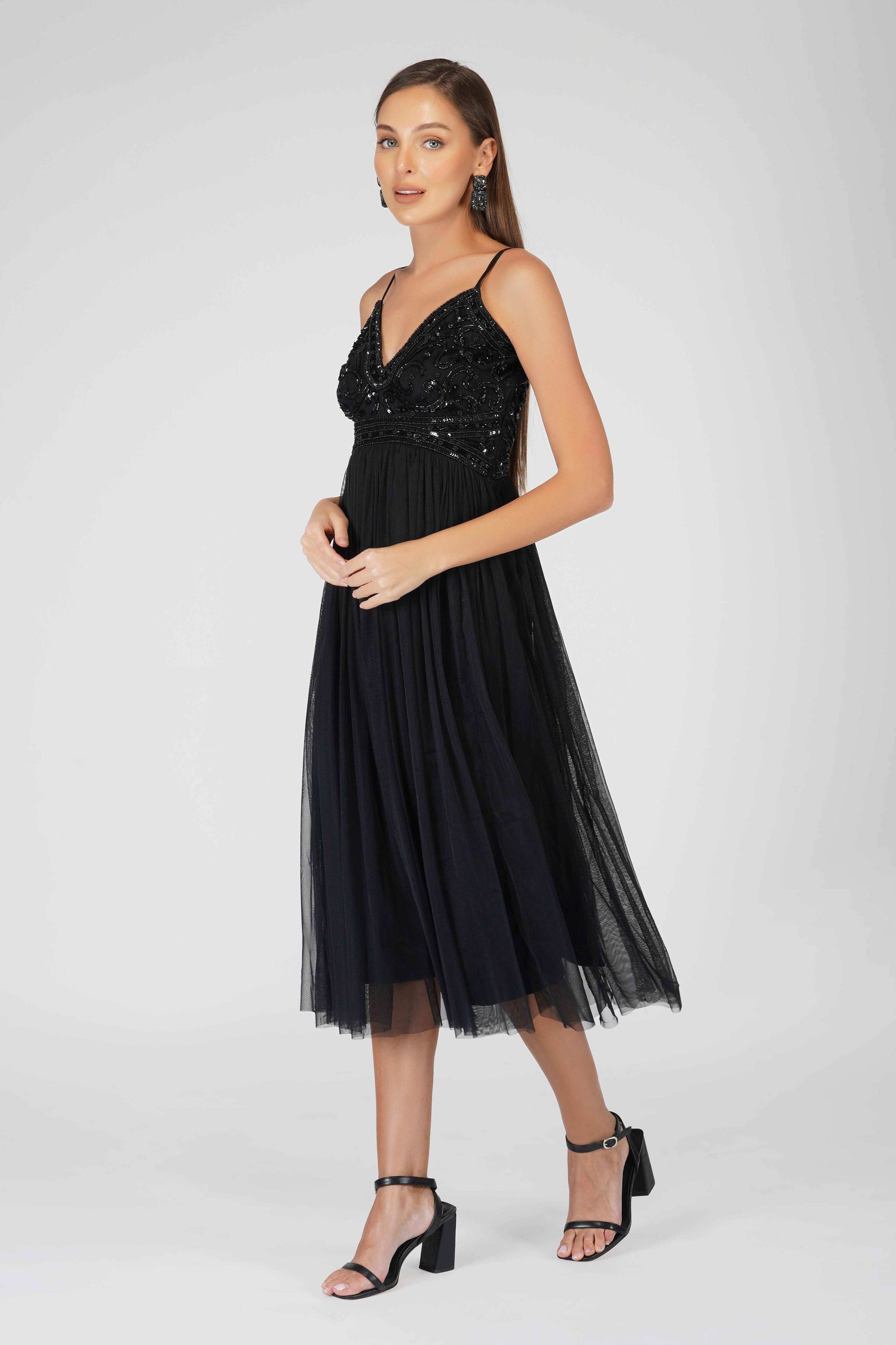 Ruhi Embellished Black Midi Dress for Women - Elegant Party & Evening Wear, Perfect for Weddings, Cocktails & Special Occasions