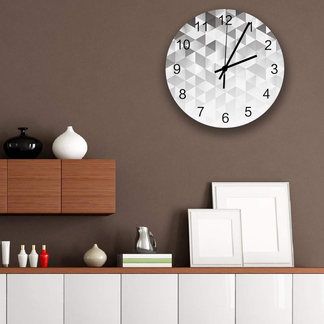 12 Inch Silent Non-Ticking Wall Clock - Battery Operated Modern Round Clock with Silver Geometric Gradient Mosaic Triangle Pixel Design for Home, Bedroom, Living Room - Perfect for Quiet Spaces, Offices & Meditation Rooms
