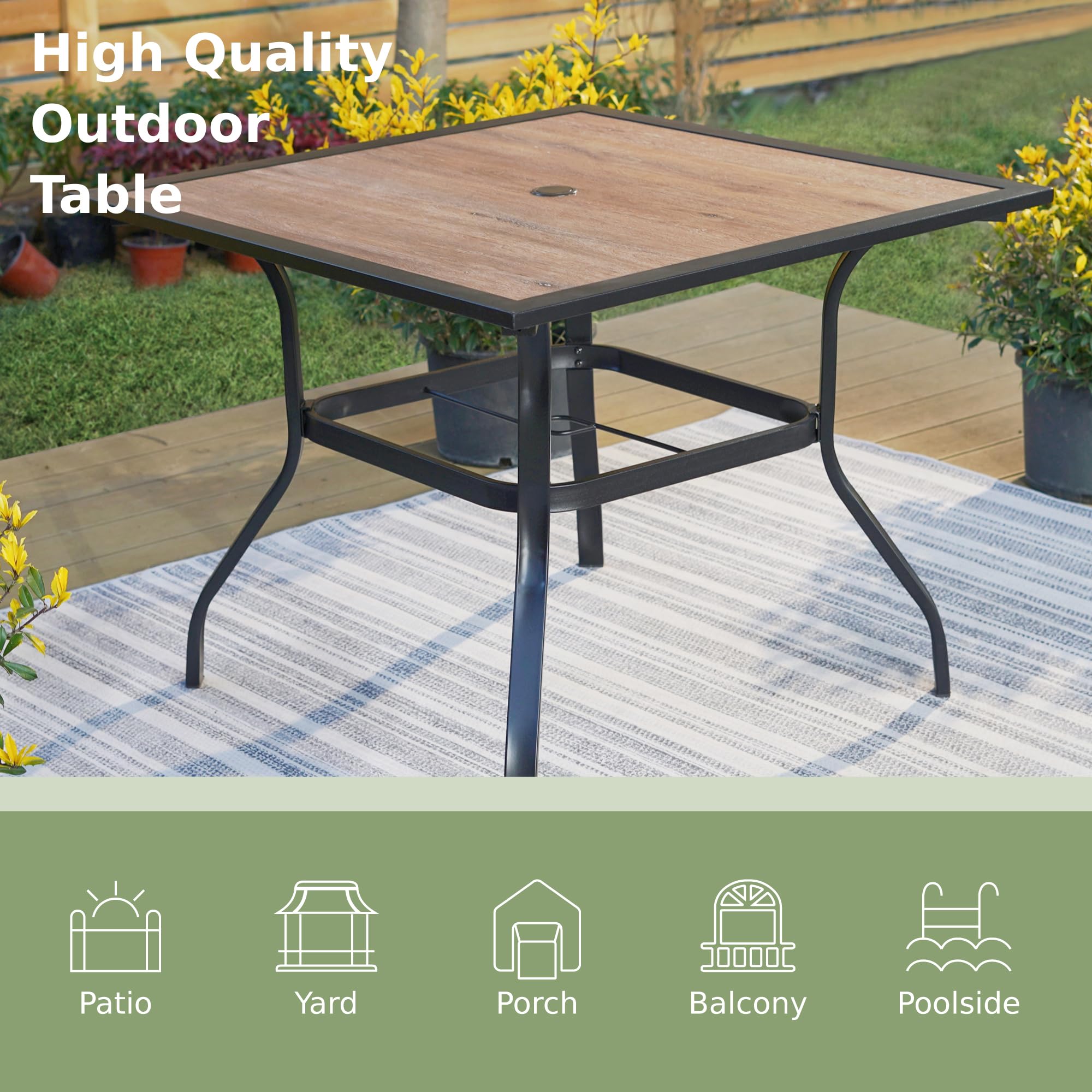 PHI VILLA 37 Inch Square Patio Dining Table - Dark Brown Wood-Look Outdoor Bistro Table with 1.57